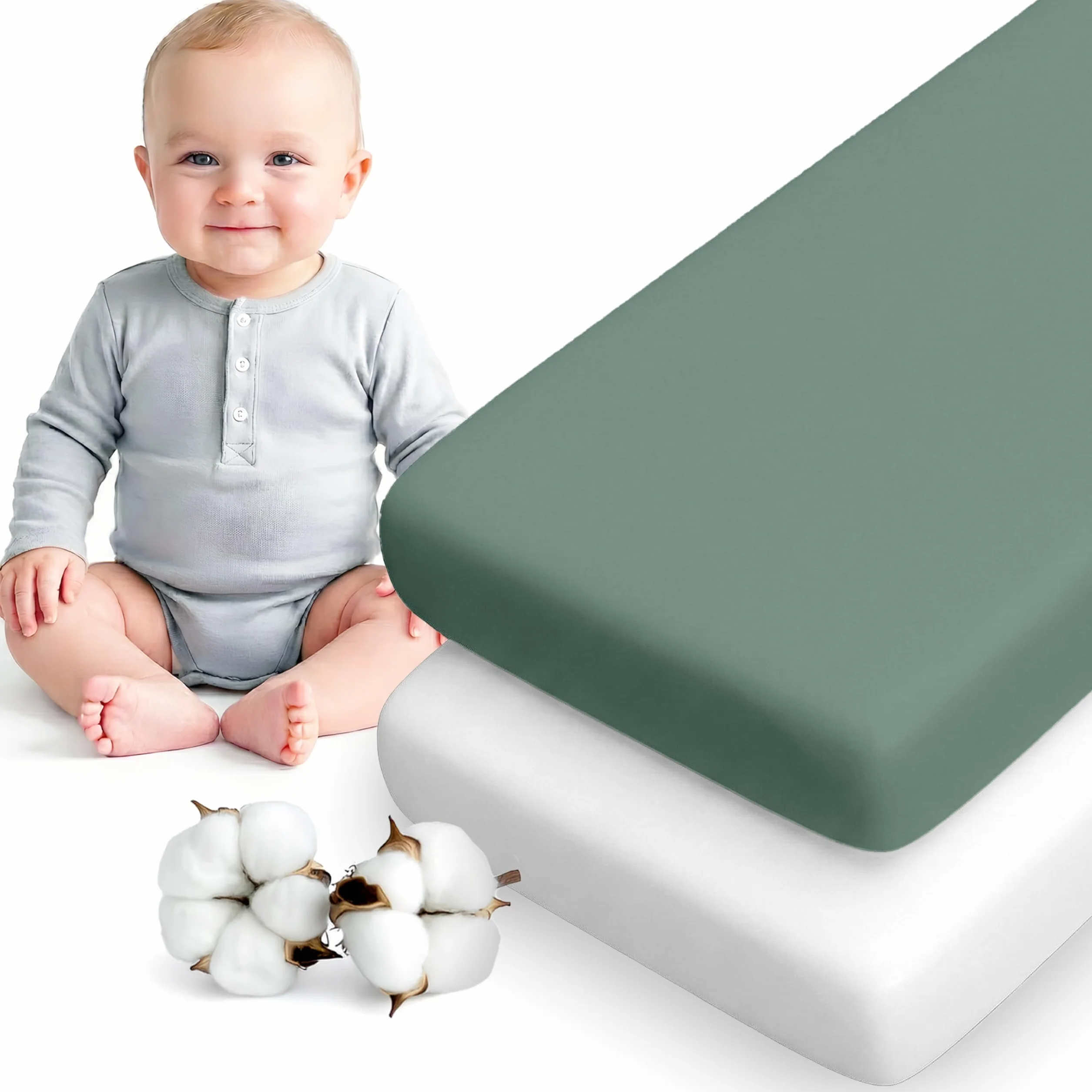 Dreamzie Set 2 Lenzuola Lettino Neonato 60x120 Cotone Oeko-Tex - Verde Salvia/Bianco