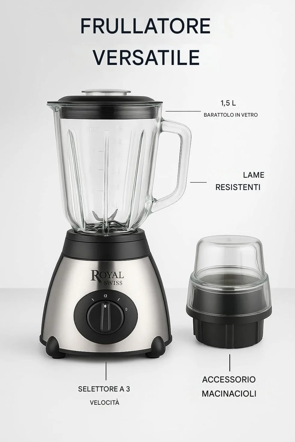 Royal Swiss Frullatore Mixer Acciaio Inox 1000W Caraffa 1.5L Vetro Temperato Nero