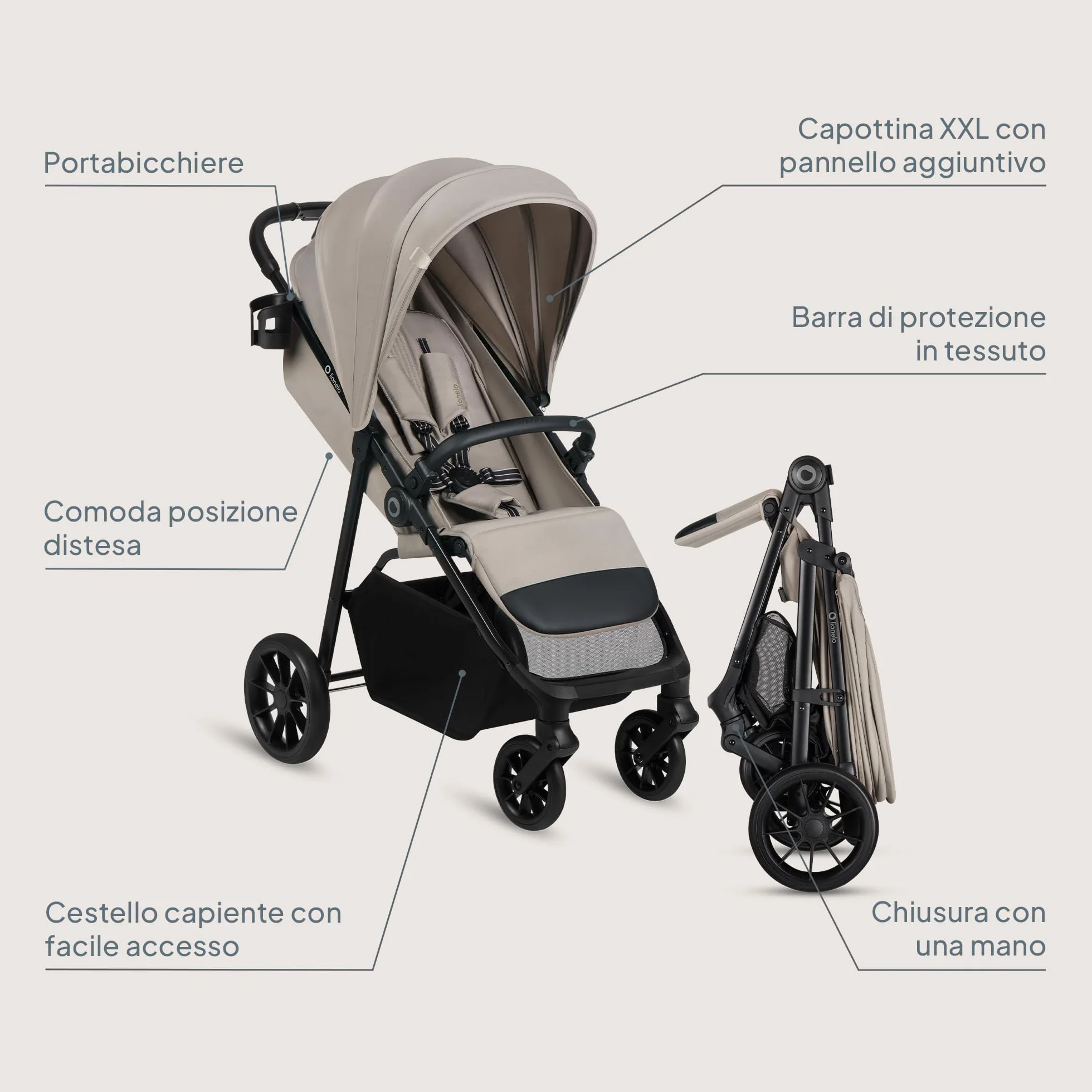 LIONELO EMERALD Passeggino Leggero Compatto Pieghevole Bambini 22 kg 4 anni Chiusura una Mano Ruote EVA Schienale Reclinabile Cappottina Impermeabile XXL UPF50+