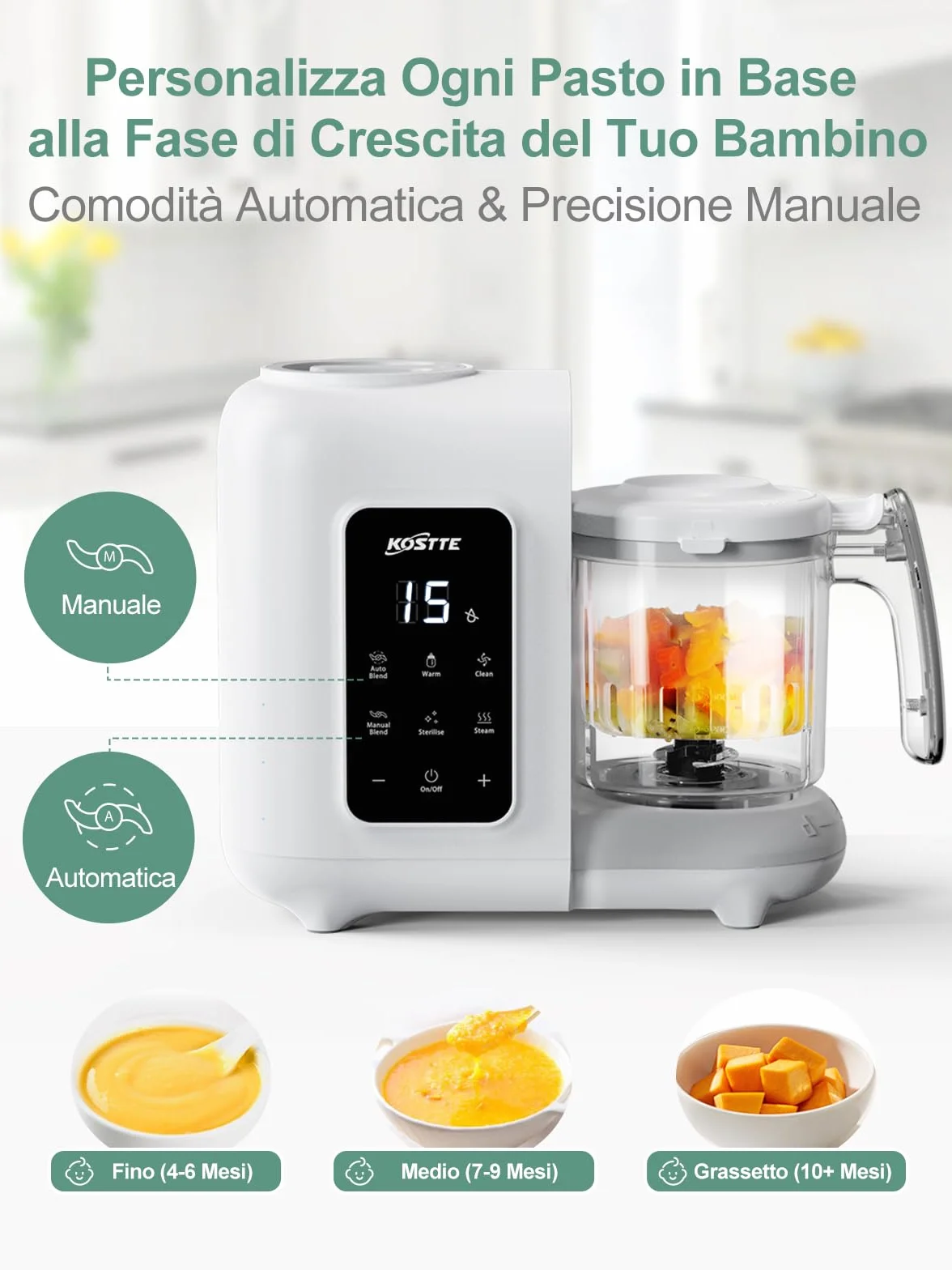 Omogeneizzatore per Neonati Robot da Cucina Multifunzione con Vapore 360°, Autopulizia, Scongelamento Rapido
