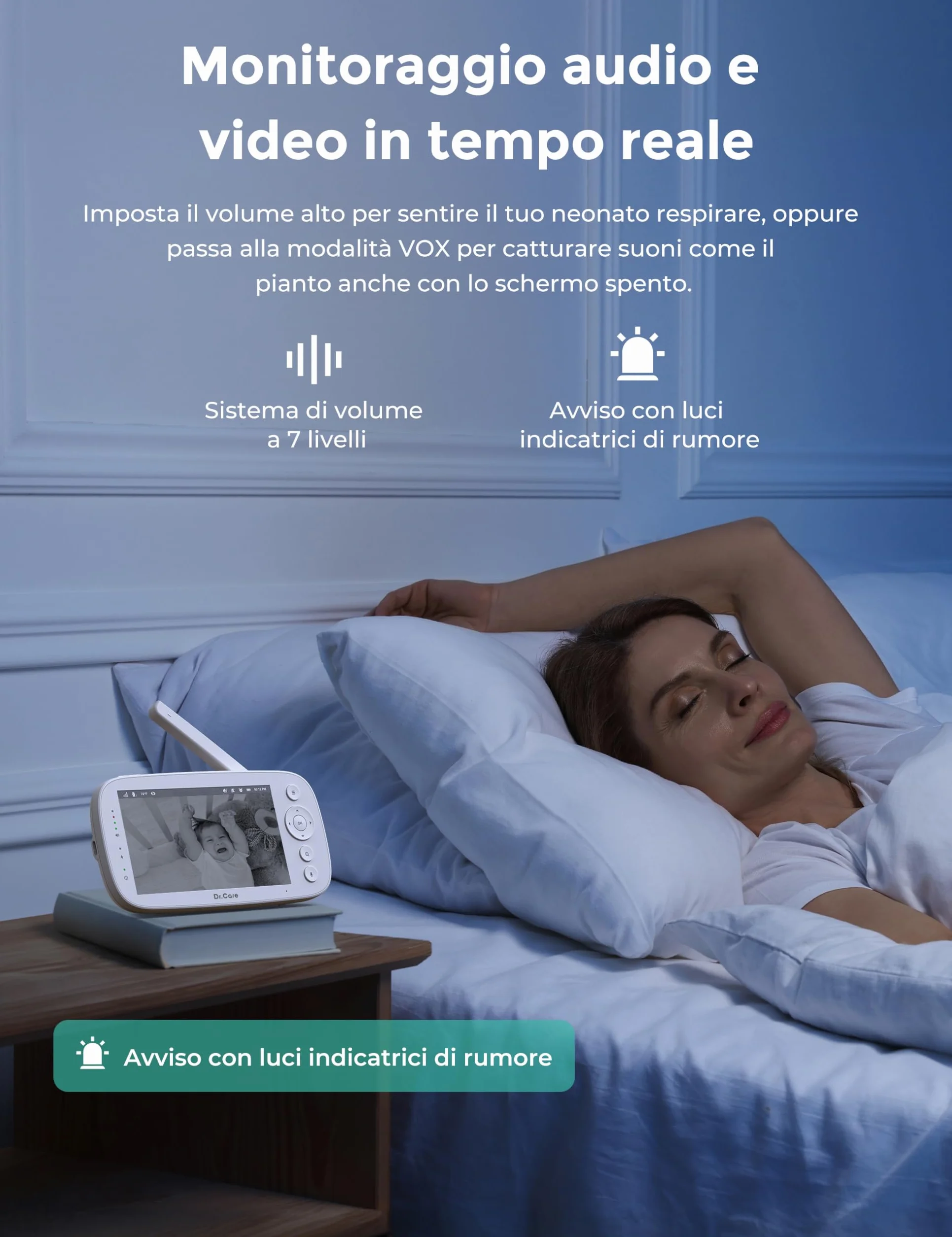 Dr.Care Baby Monitor 5" HD 1080P Senza WiFi Bassa Radiazione Visione Notturna Rotazione 360° Batteria 5000 mAh VOX