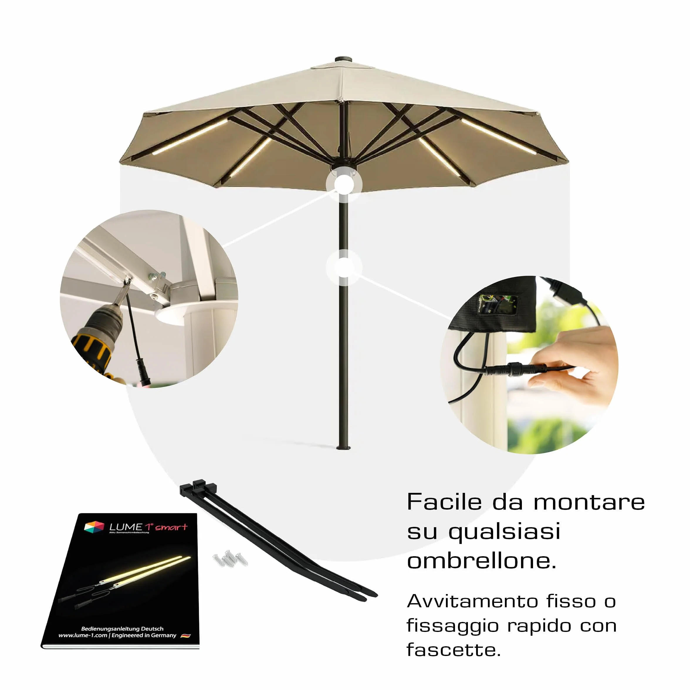 Lume1 - Illuminazione per ombrellone con telecomando, 2 strisce LED, luce bianca calda da 1000 lumen, 2700 Kelvin, illuminazione piacevole, batteria inclusa (Smart Set da 2 pezzi, modello 2026)