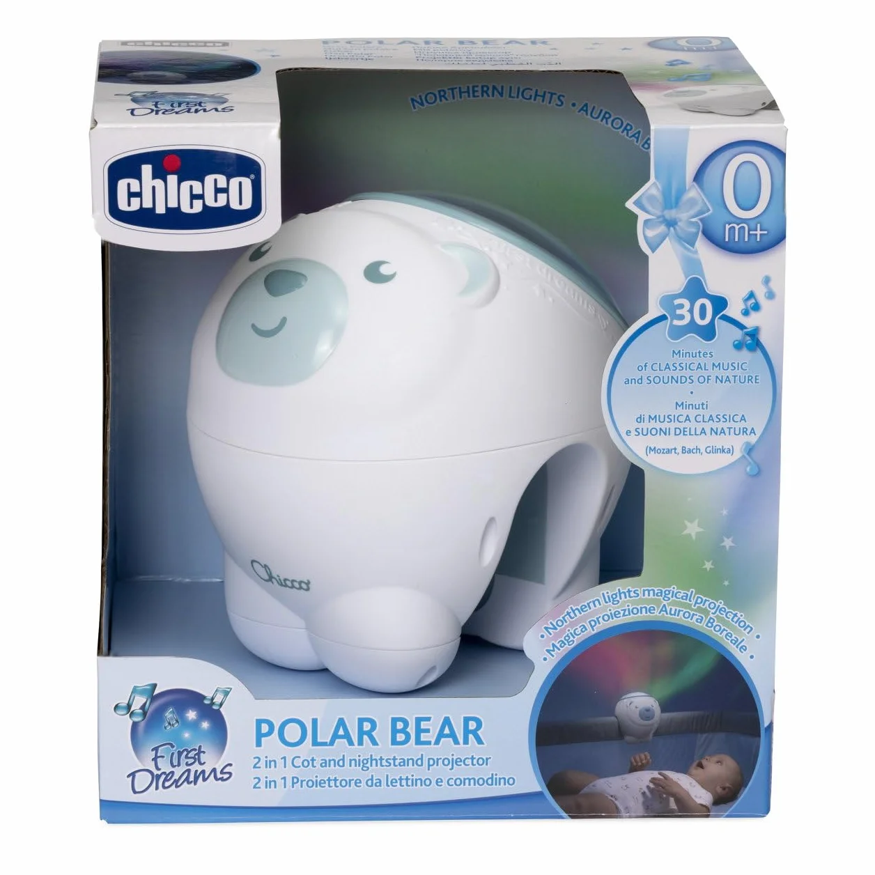 Chicco First Dreams Proiettore Orso Polare 2in1 da Culla e Comodino, Luce Notturna per Bambini, Musica Classica e Suoni Natura, Neonato 0+ Blu