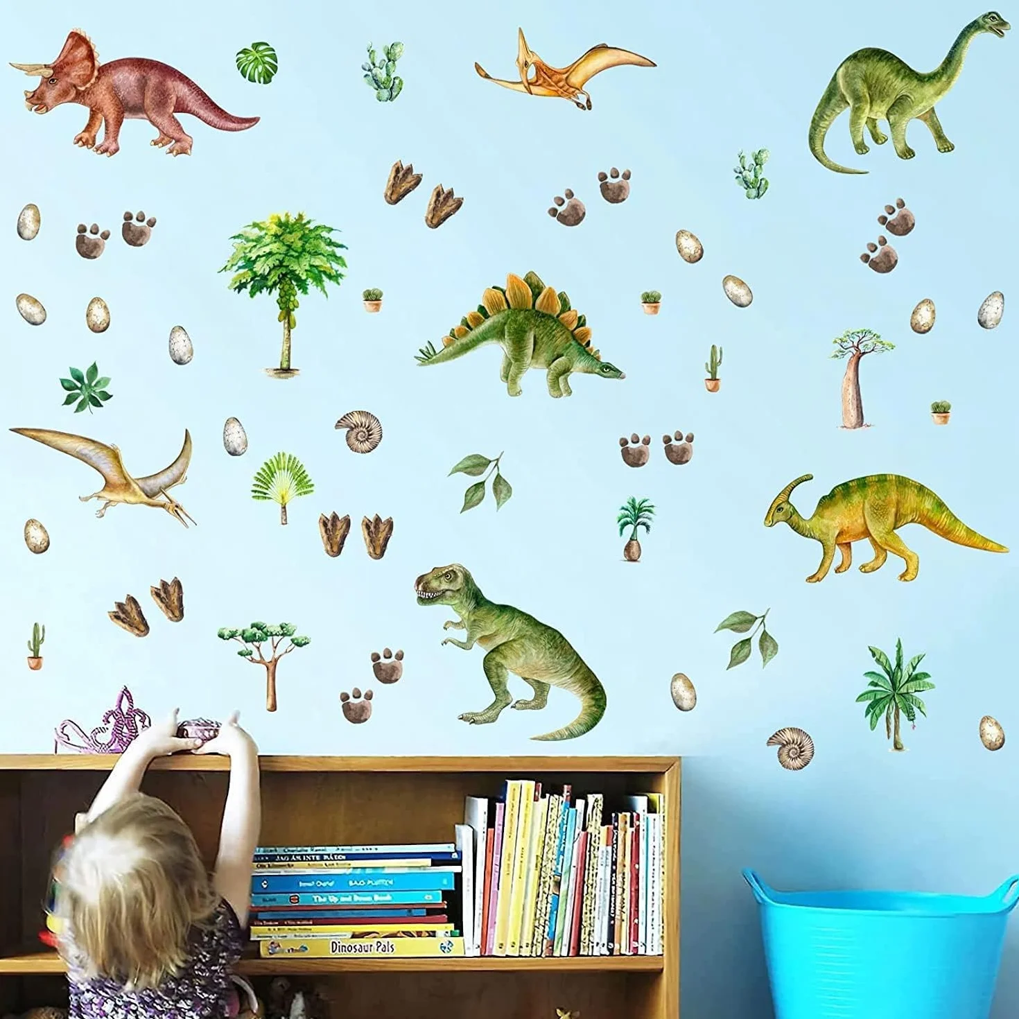 Naklejka ścienna z dinozaurami świecącymi, niebieska, do pokoju dziecięcego