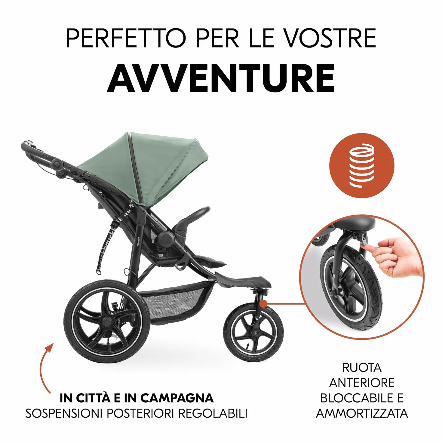 Hauck Runner 3 Verde Giungla Passeggino 3 Ruote d'Aria 22 kg Sospensione Regolabile Freno a Mano Cappottina XL UPF 50+