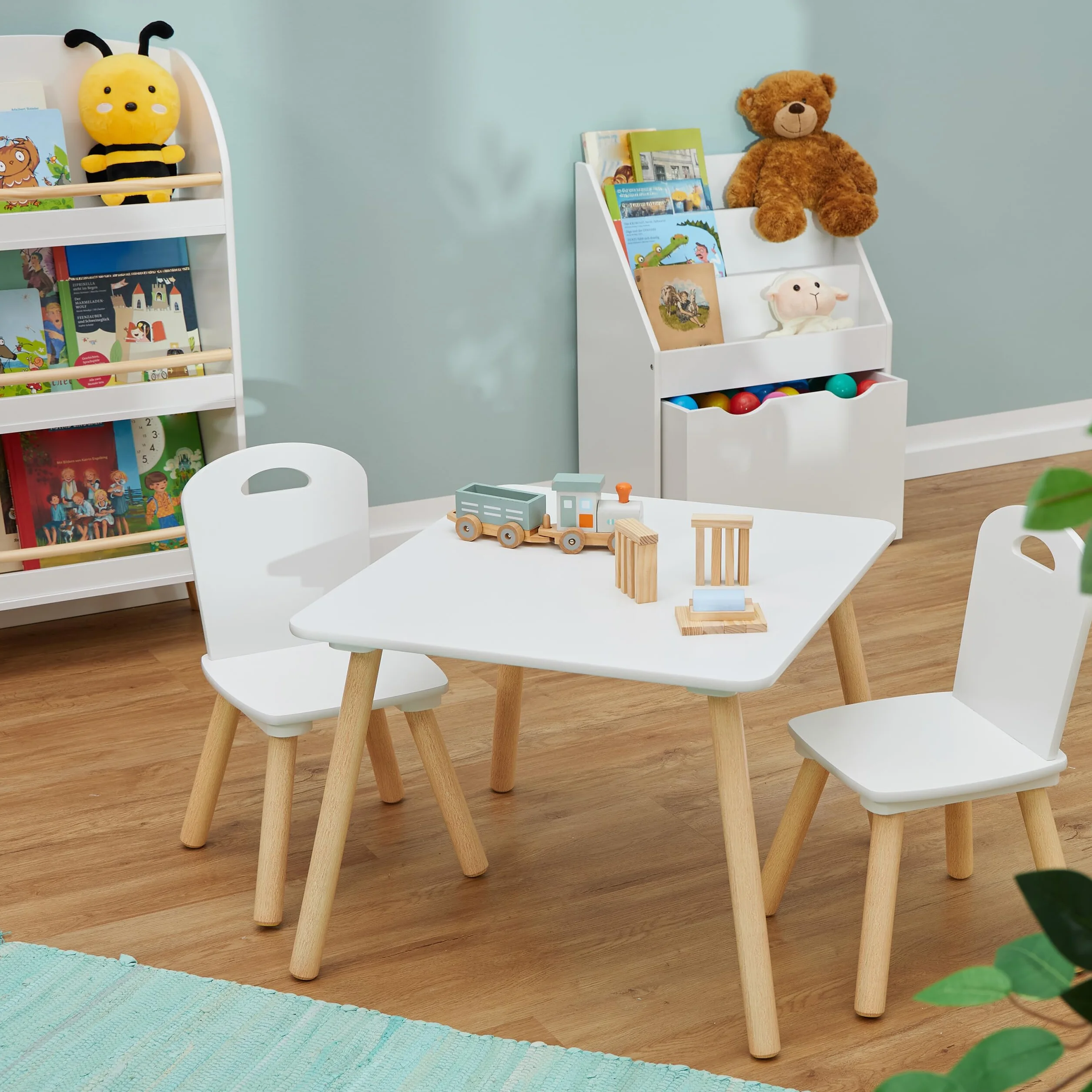 Relaxdays Tavolino da Bambini con Sedie 2 Posti Legno MDF 43,5x59x60 cm Marrone Bianco