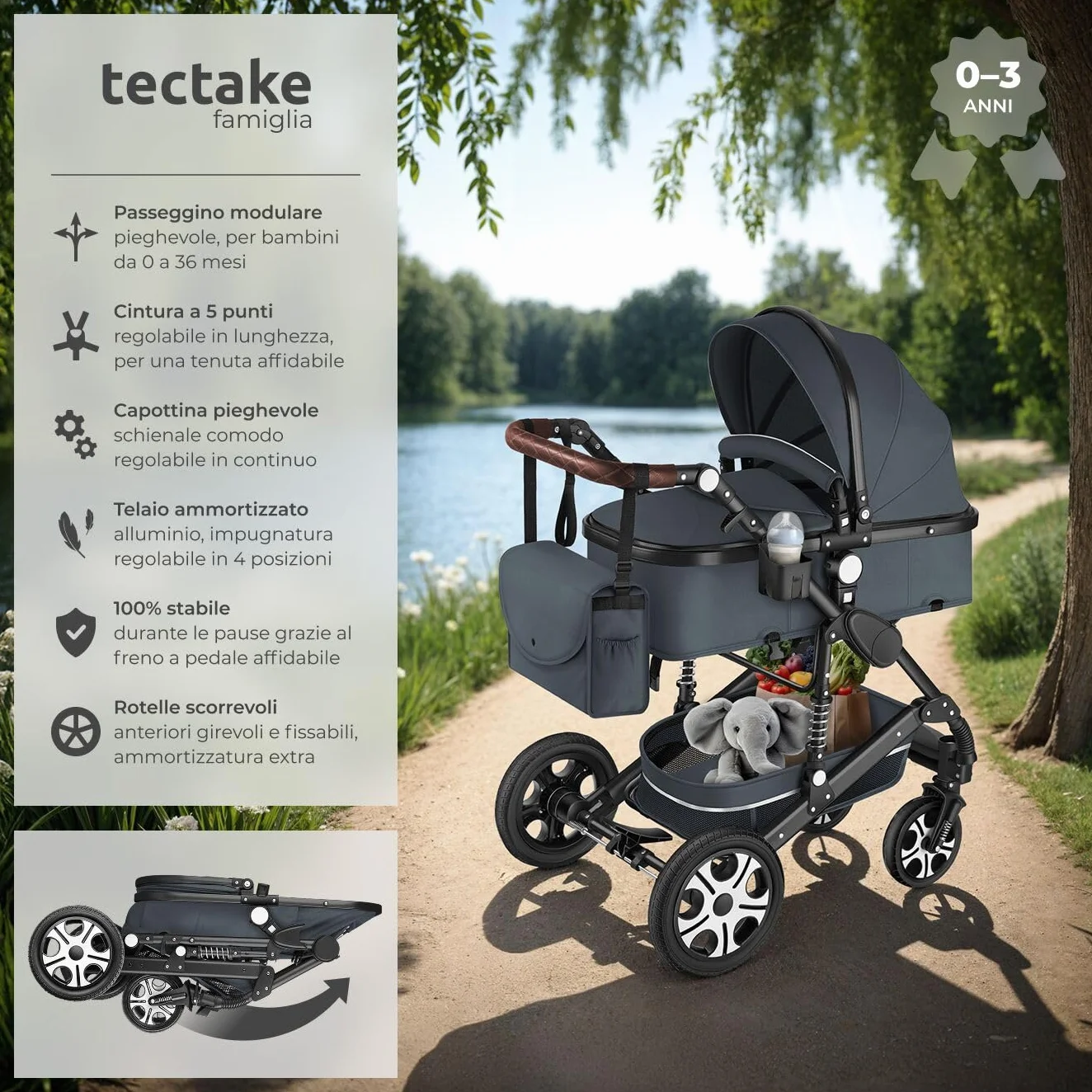 tectake® Passeggino Combinato Pieghevole 2 in 1 Leggero con Cintura a 5 Punti e Freno a Pedale Antracite
