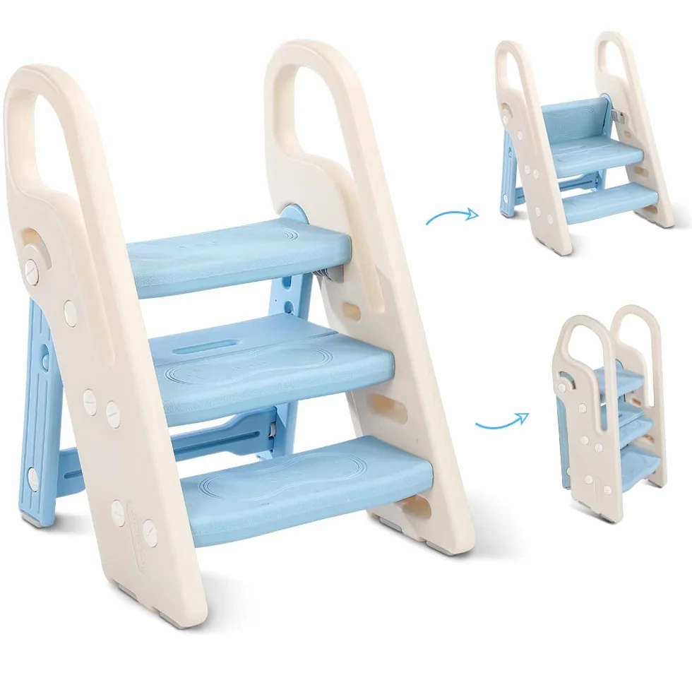 Onasti Sgabello a tre gradini pieghevoli per bambini, Scaletta 3 gradini, Sedile per Addestramento WC, Multifunzione, Regolabile in Altezza, Antiscivolo (Blu)
