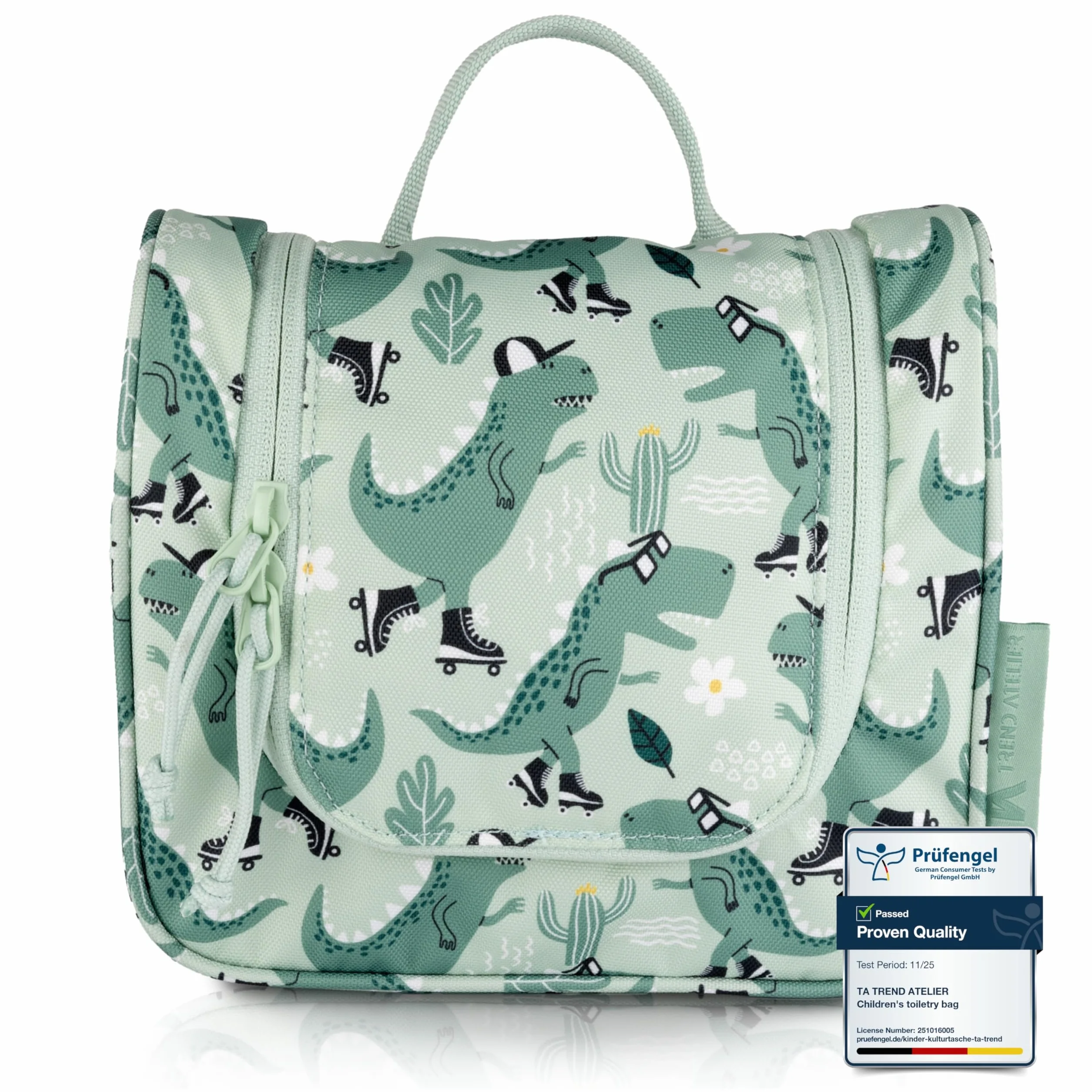 Beauty case bambino appendere trousse toilette sostenibile poliestere riciclato idrorepellente specchio scomparti Dinosauro Verde