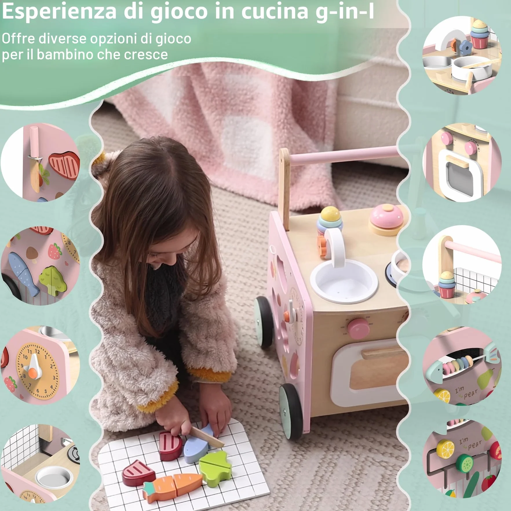 Girello Bambini Legno 9 in 1 Carrello Primi Passi con Giocattoli Montessori Cucina da Gioco, Regalo Natale
