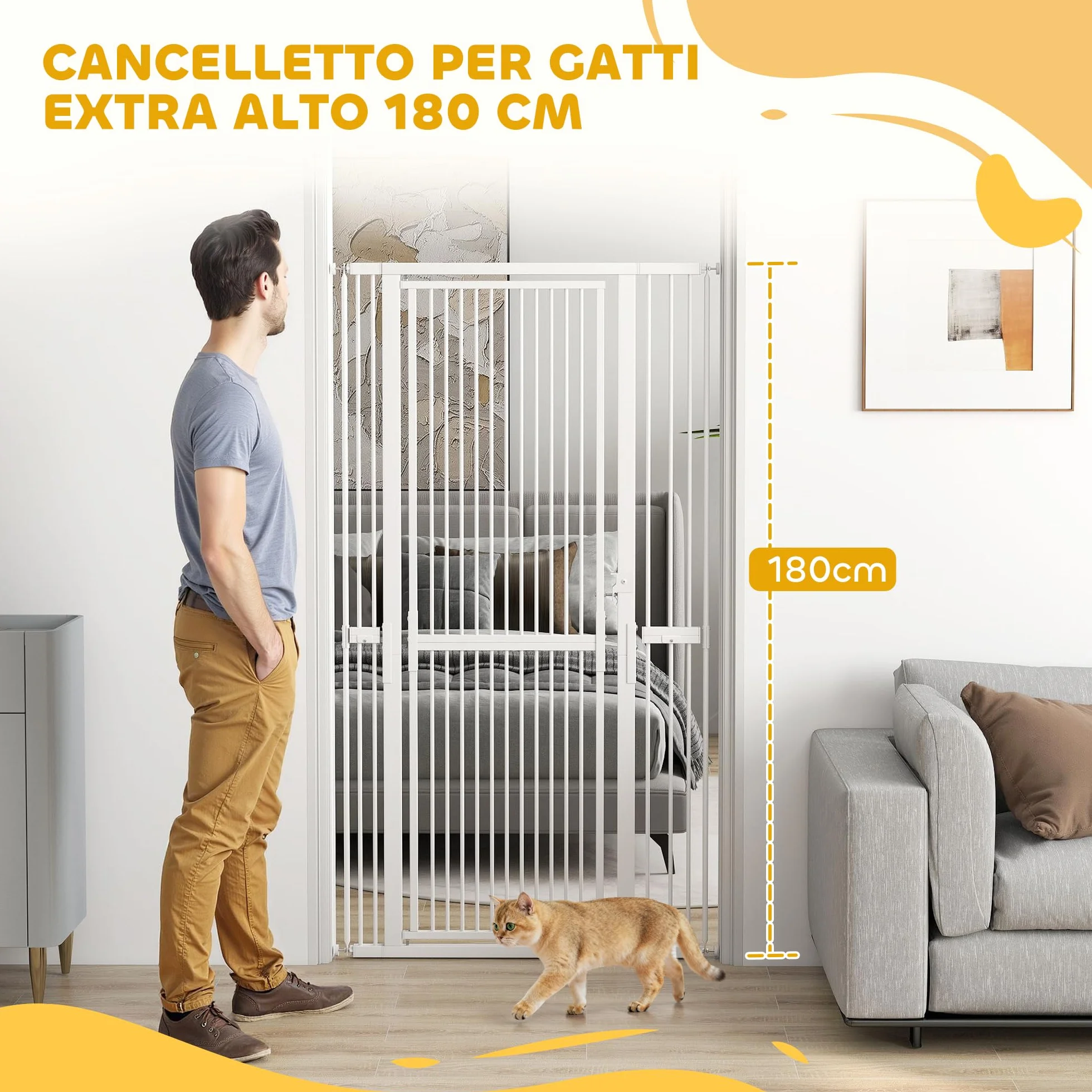 PawHut Cancelletto di Sicurezza per Cani Gatti 180cm, Estensibile 77-104 cm, Spazio 3.5cm, Bianco