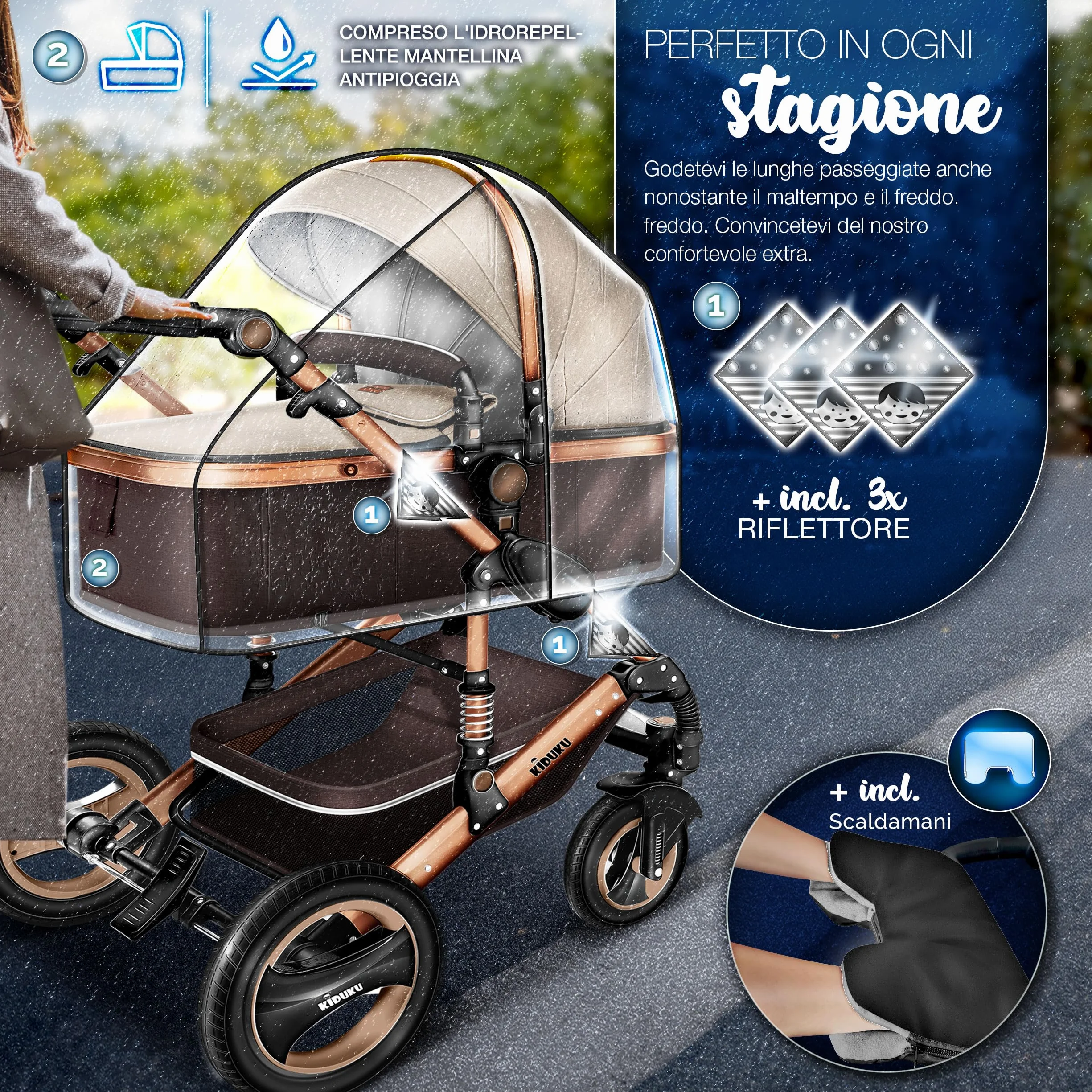 KIDUKU 3 in 1 Passeggino Completo Trio Sistema Combinato con Navicella Ovetto Seggiolino Auto Coprigambe ECE R129
