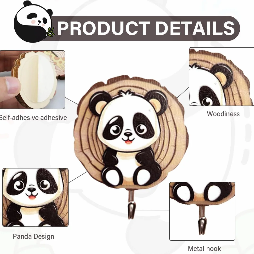 Ganci Autoadesivi per Bambini Panda, Appendini da Parete per Animali, Cappelli, Cucina e Bagno 4 Pezzi
