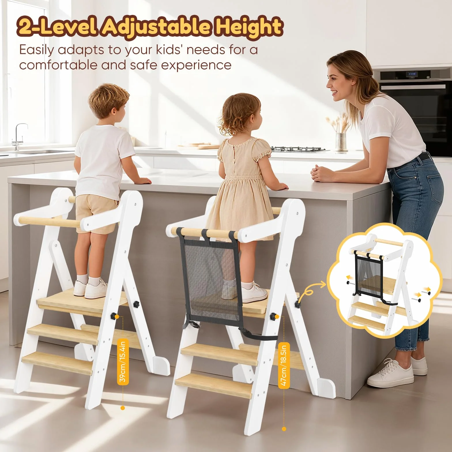 Torre didattica pieghevole regolabile in altezza per bambini con rete di sicurezza, portata 50 kg