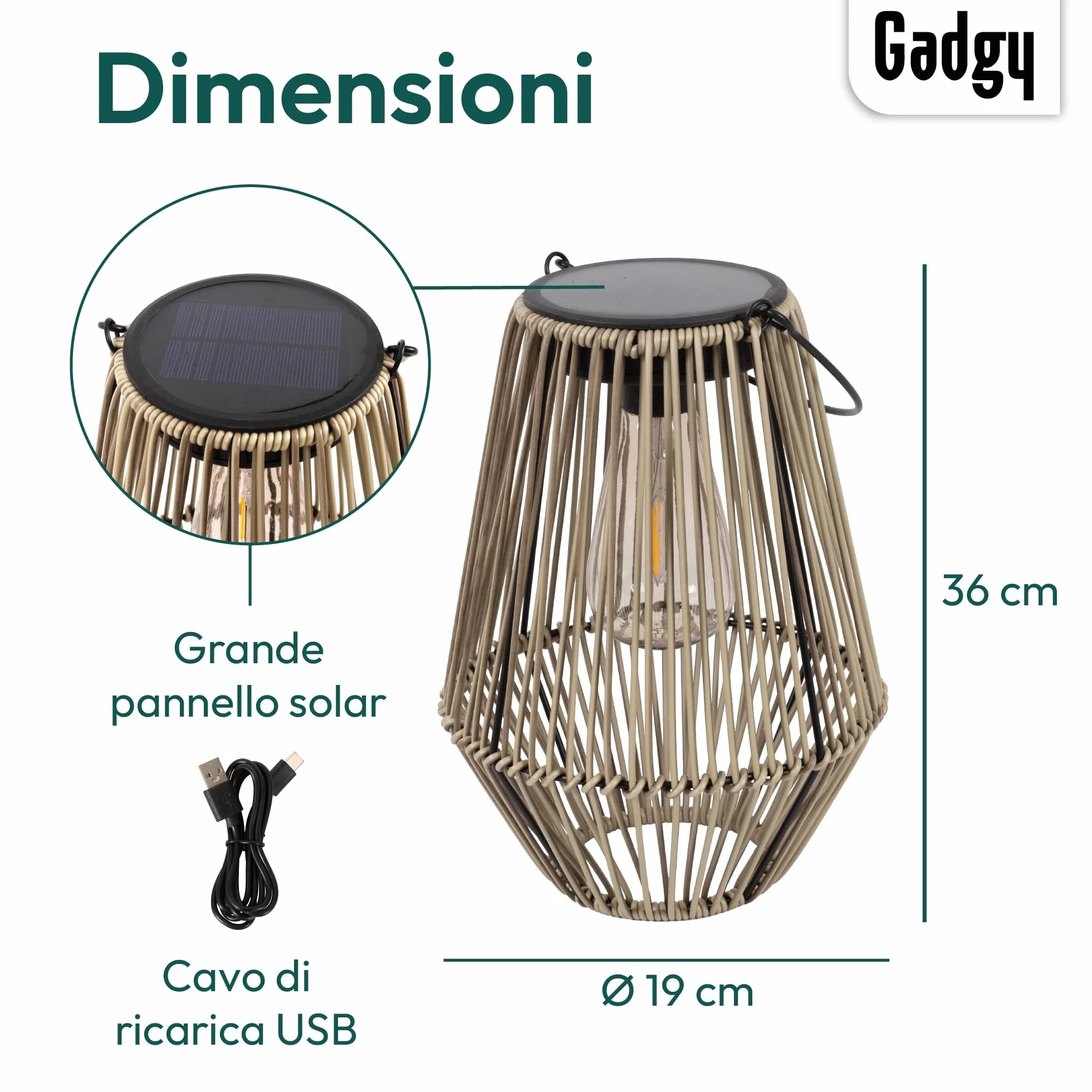 Gadgy Lampada Solare da Giardino con Effetto Rattan – Lanterna Solare per Esterni Impermeabile – Luce Decorativa a LED per Giardino, Balcone o Tavolo – Ricaricabile ed Ecologica