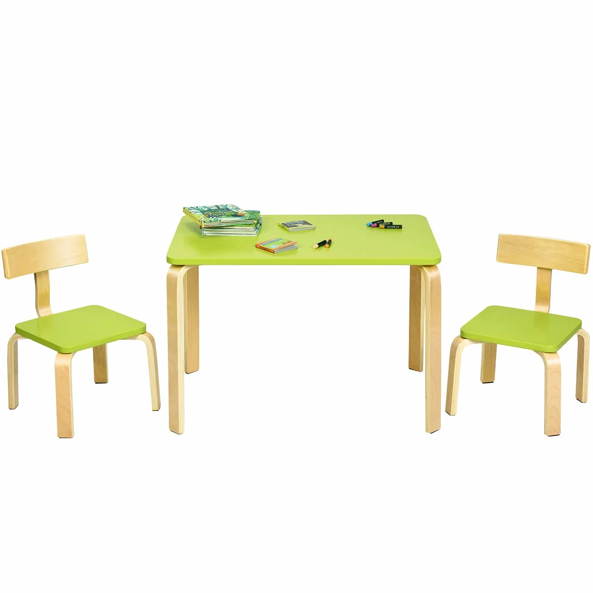 RELAX4LIFE Set Tavolo e 2 Sedie Bambini 3-12 Anni Legno Stabile Sicuro Design Ergonomico Multifunzione Giocare Mangiare Casa Asilo Verde
