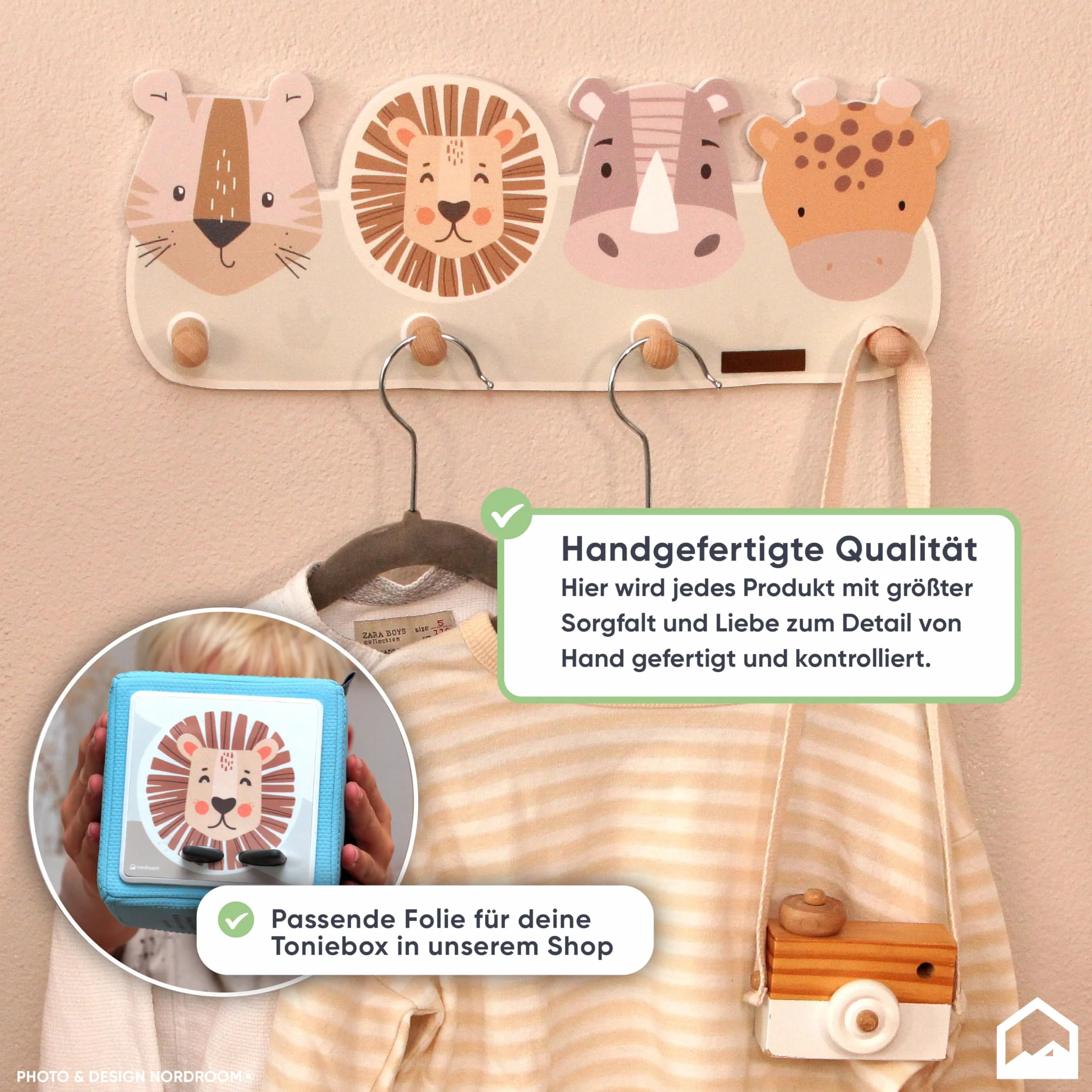 Mikkvill Armadietto per bambino con 4 ganci Appendiabiti da parete in legno motivi animali
