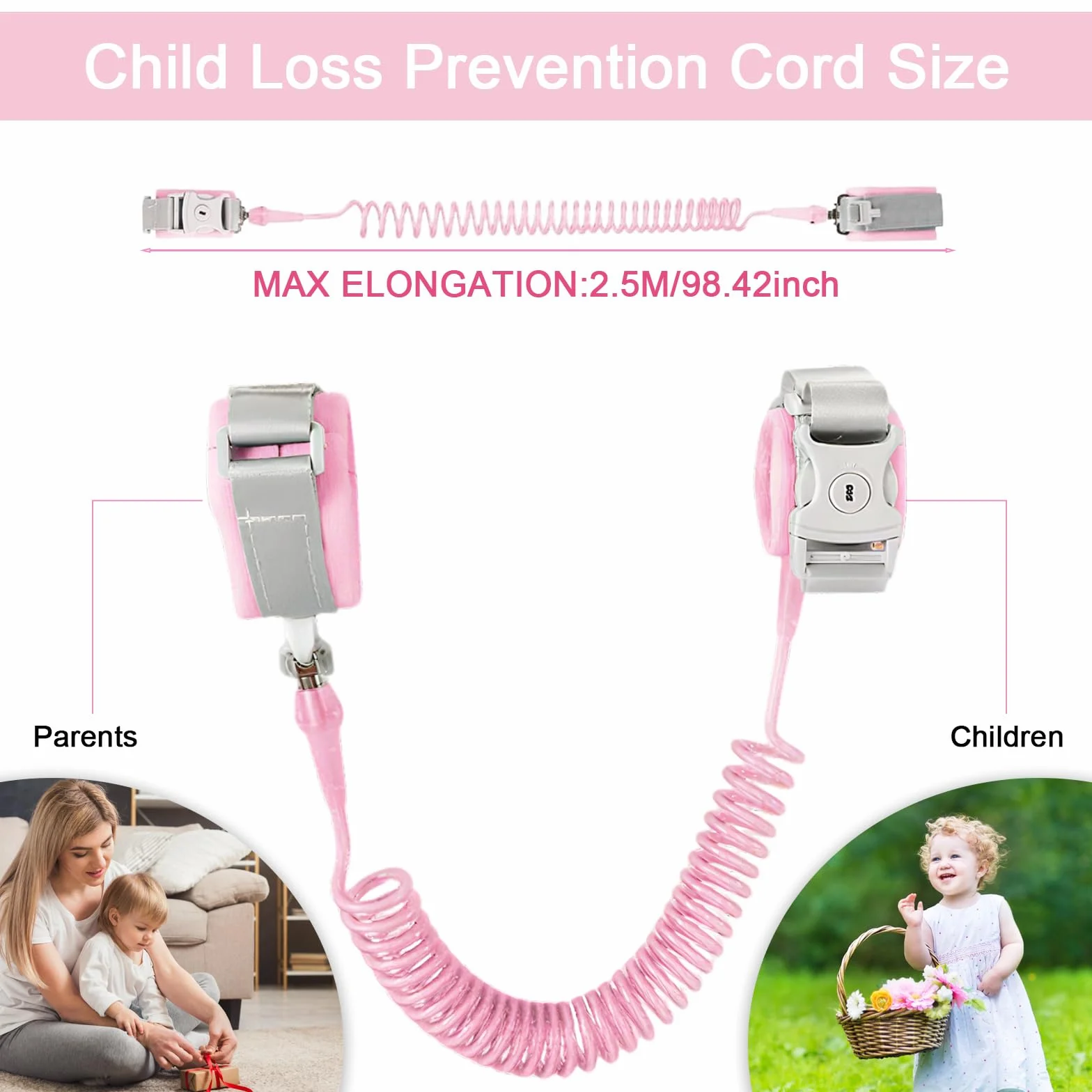Guinzaglio per bambini 2,5M con chiave Braccialetto anti-perso regolabile 360° Rosa