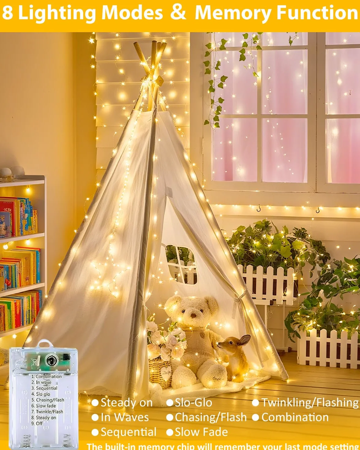 Confezione da 4 luci a 60 LED da 60 LED, funzionamento a batteria, con telecomando, impermeabili, con controllo a rmote, luci scintillanti con timer, alimentate a batteria, per camera da letto, feste,