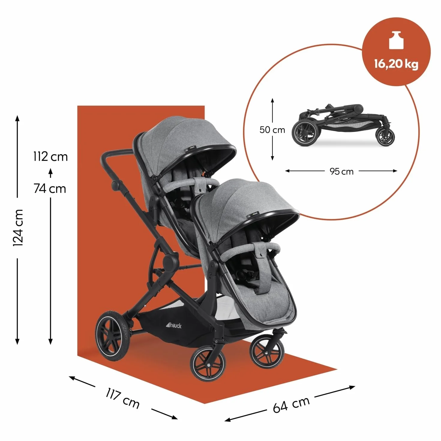 Hauck Atlantic Twin Grigio Melange Passeggino Gemellare per 2 Bambini 15 kg