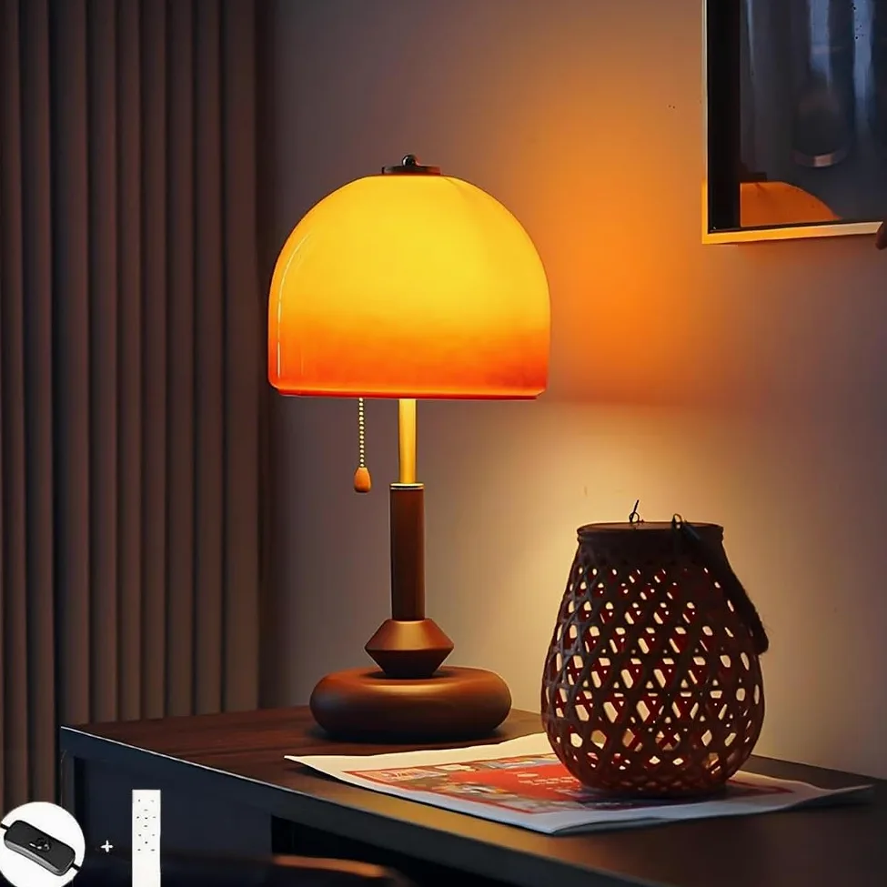 Lampada da Tavolo Fungo Arancione Dimmerabile con Telecomando, Paralume in Legno e Vetro Lampadina Fungo con Spina e Interruttore a Cavo Lampada da Comodino Decorativa a Forma di Fungo