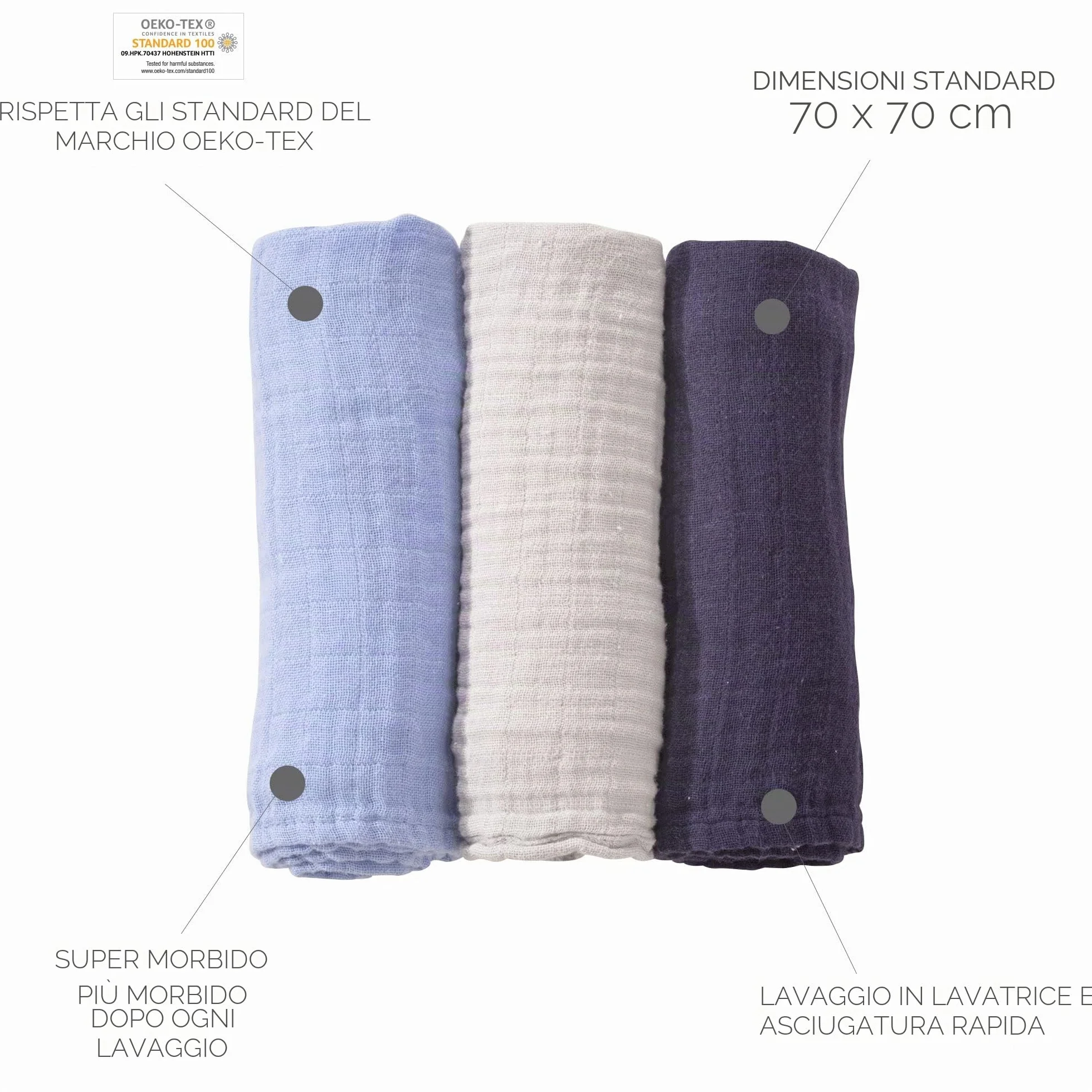 Mussole per neonato 70x70 cm cotone OKEO-TEX Azzurro