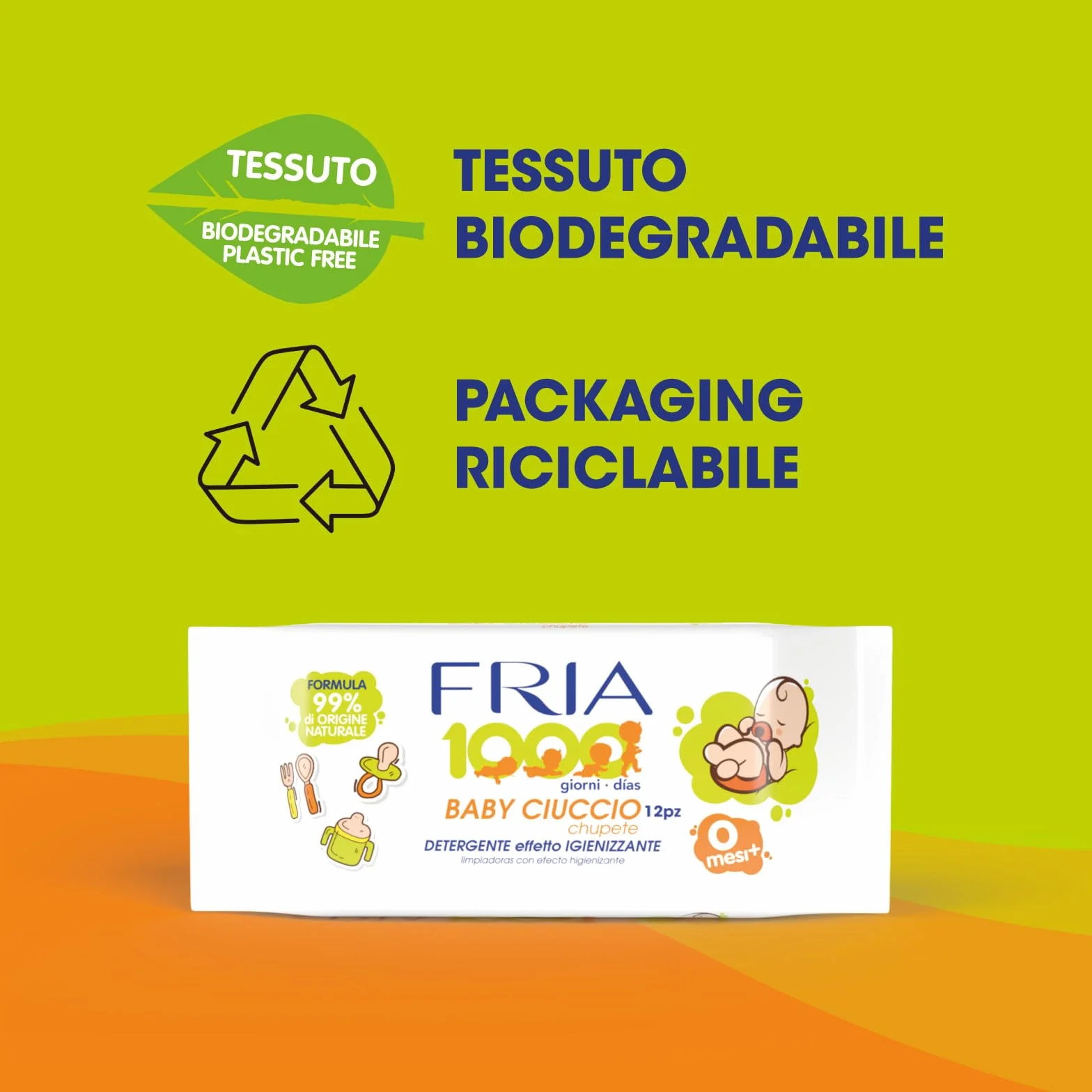 Fria Baby Ciuccio Salviette Pulisci Ciuccio Biberon Tettarelle Azione Igienizzante 99% Origine Naturale Confezione Borsa 12 Salviette