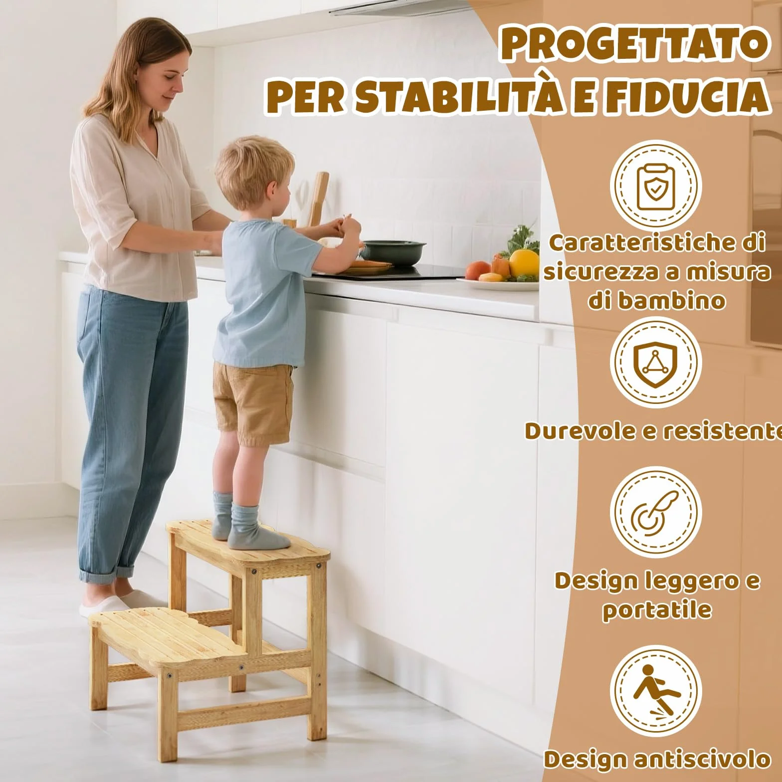 COSYLAND Sgabello Bagno Bambini in Bambù a 2 Gradini Antiscivolo Fino a 136 kg Naturale