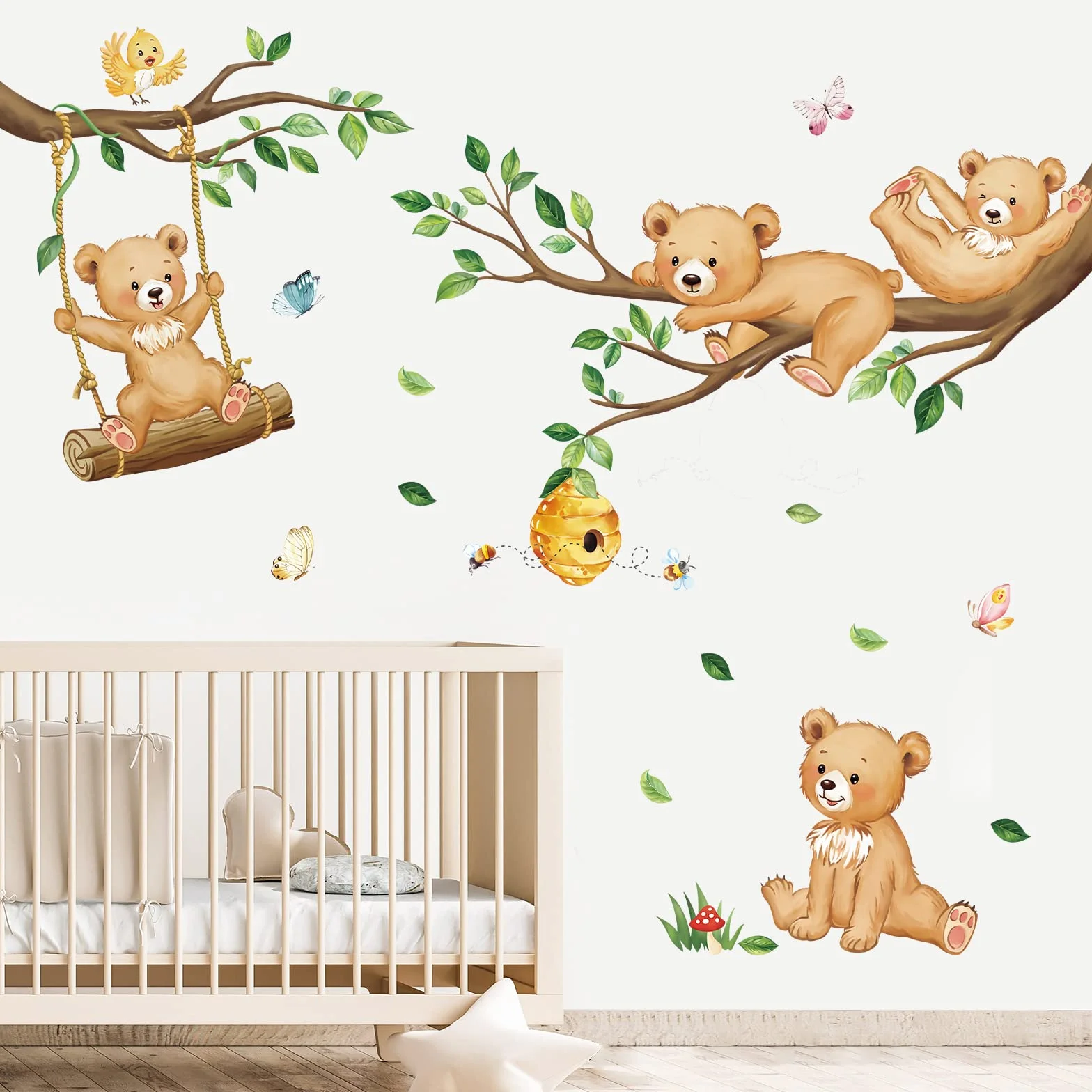 Adesivi Murali Bambini Orso Animali del Bosco Albero Decorazione Murale Camerette