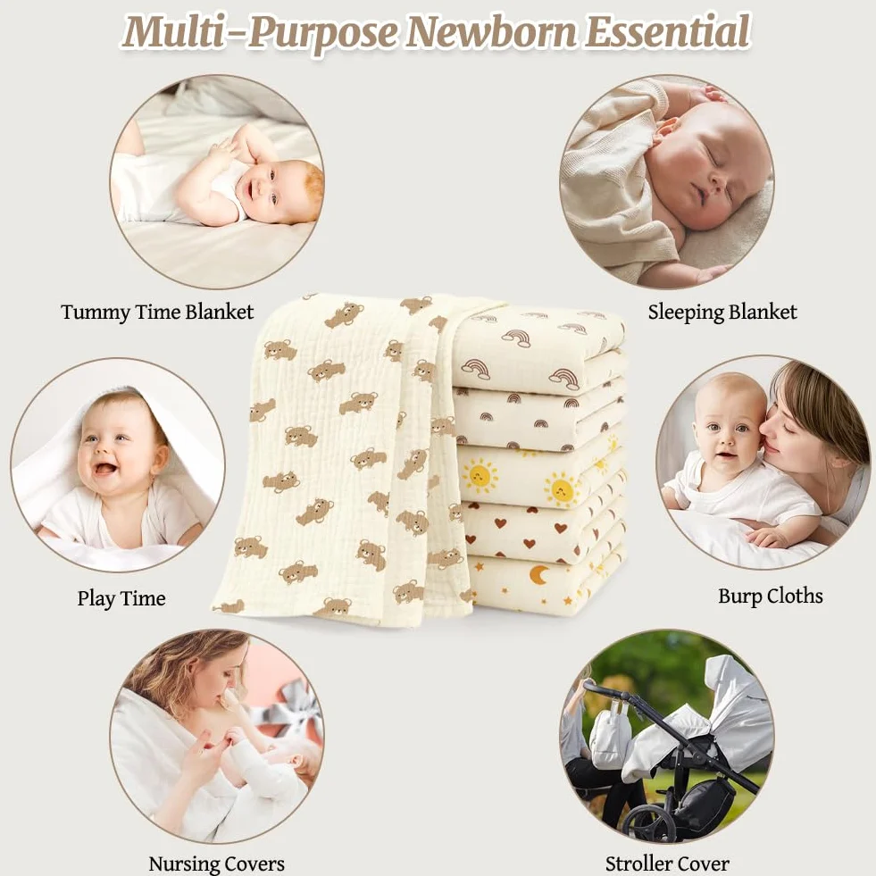 Mussole Neonato 100% Cotone Assorbenti Traspiranti 25x50 cm 6 Pezzi