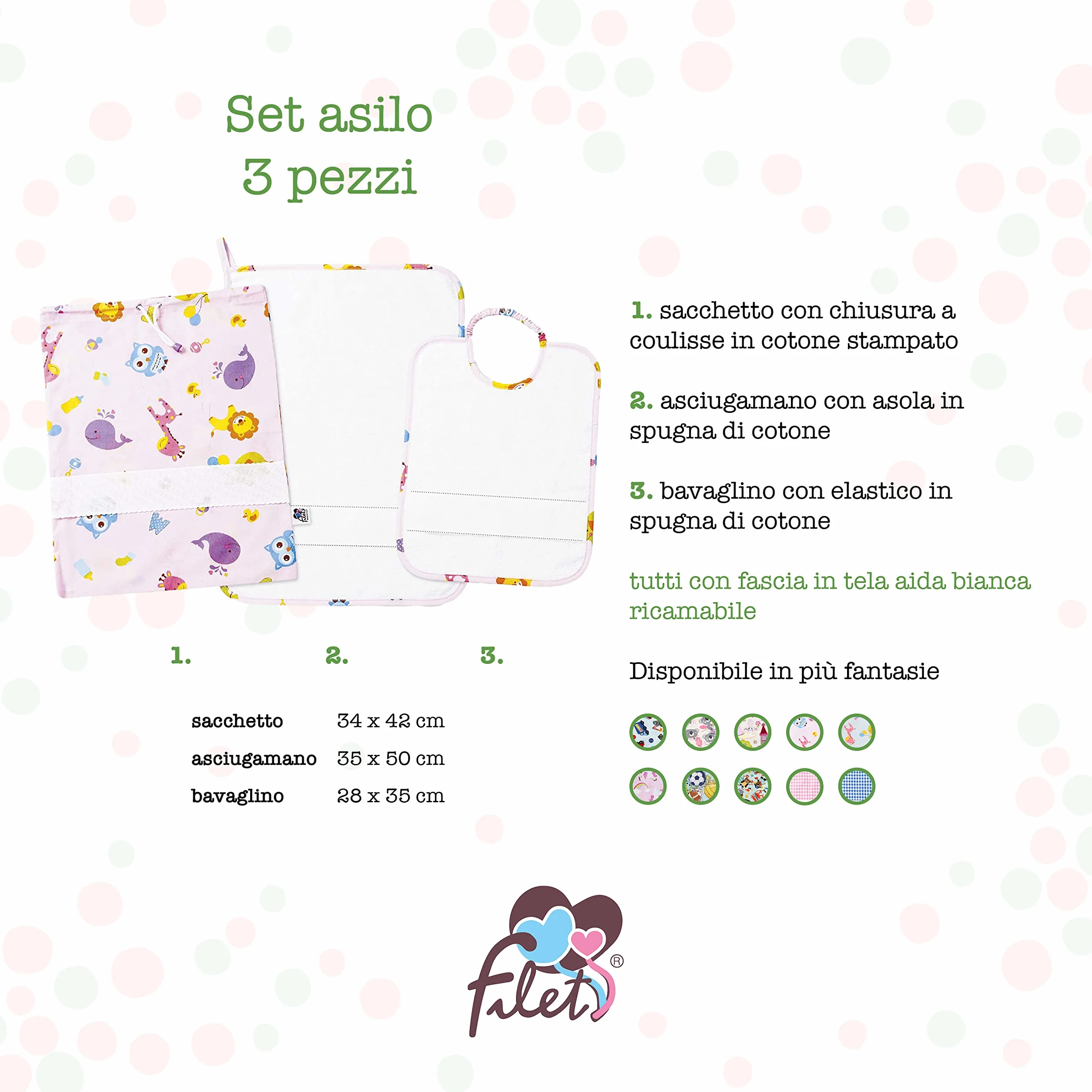 Set Asilo 3 Pezzi Fantasia Lettere e Animali Rosa con Tela Aida da Ricamare, Sacchetto, Asciugamano e Bavaglino in Spugna Bianca, 100% Cotone Made in Italy