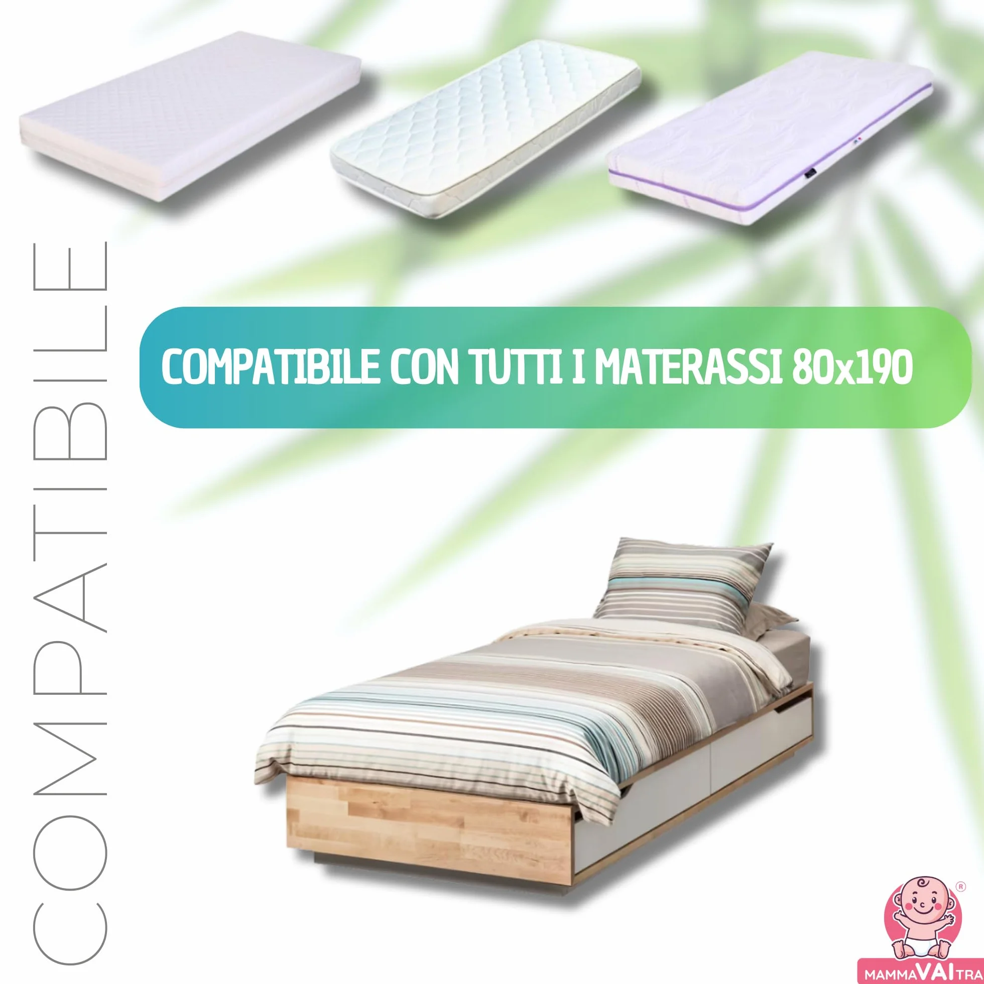 Coprimaterasso Singolo Impermeabile Bambù 80x190x30 cm 80x200x25 cm