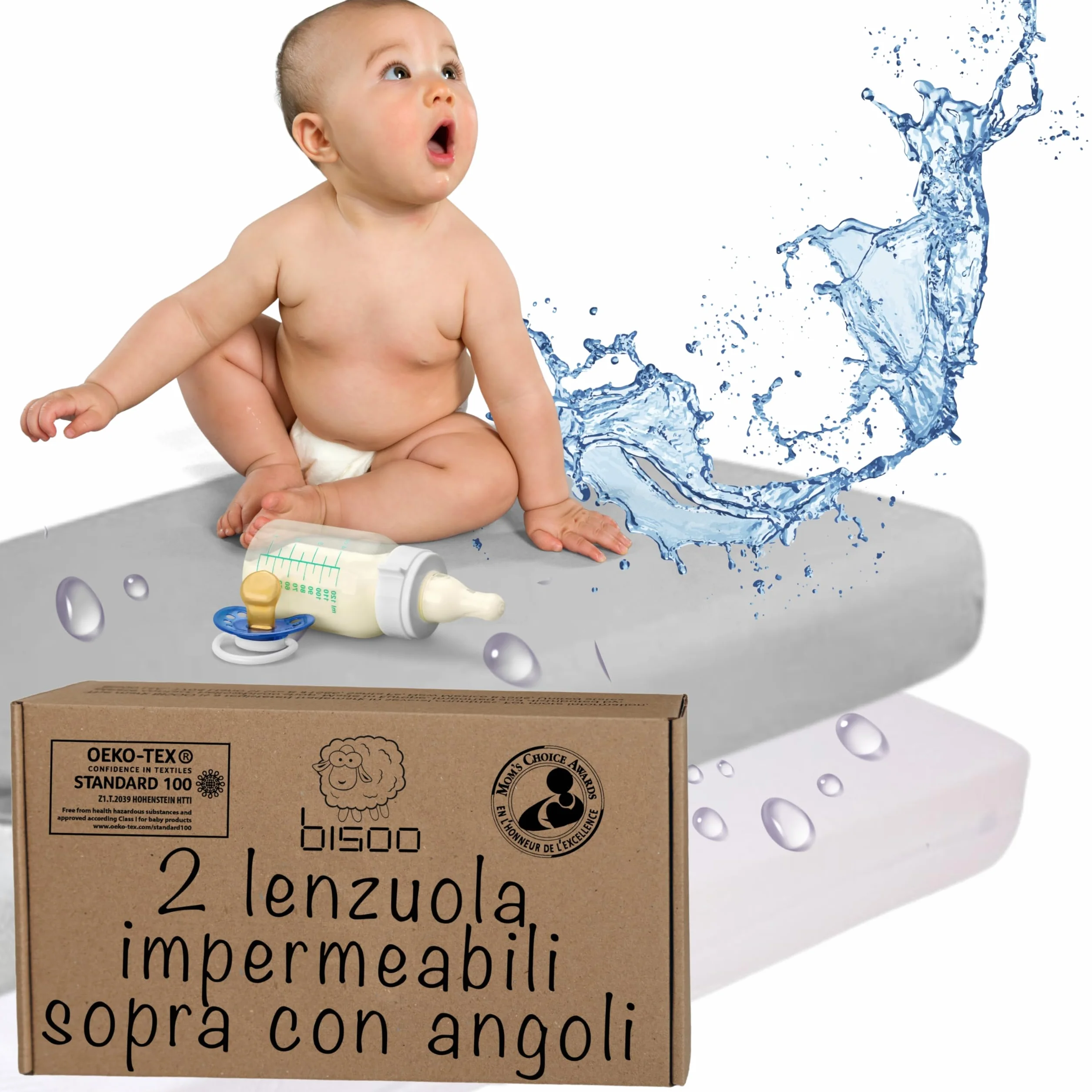 Bisoo Lenzuolo Magico Cotone Jersey Impermeabile 160x80 2 Pezzi Bianco Grigio OekoTex