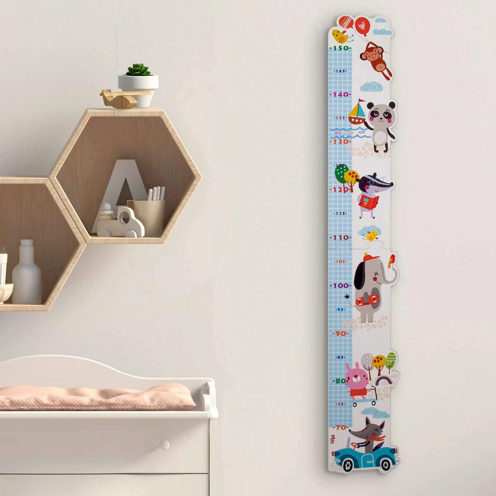Dida Metro da Parete in Legno per Bambini con Allegri Animaletti, Grafico di Crescita fino a 150 cm, Misuratore Altezza
