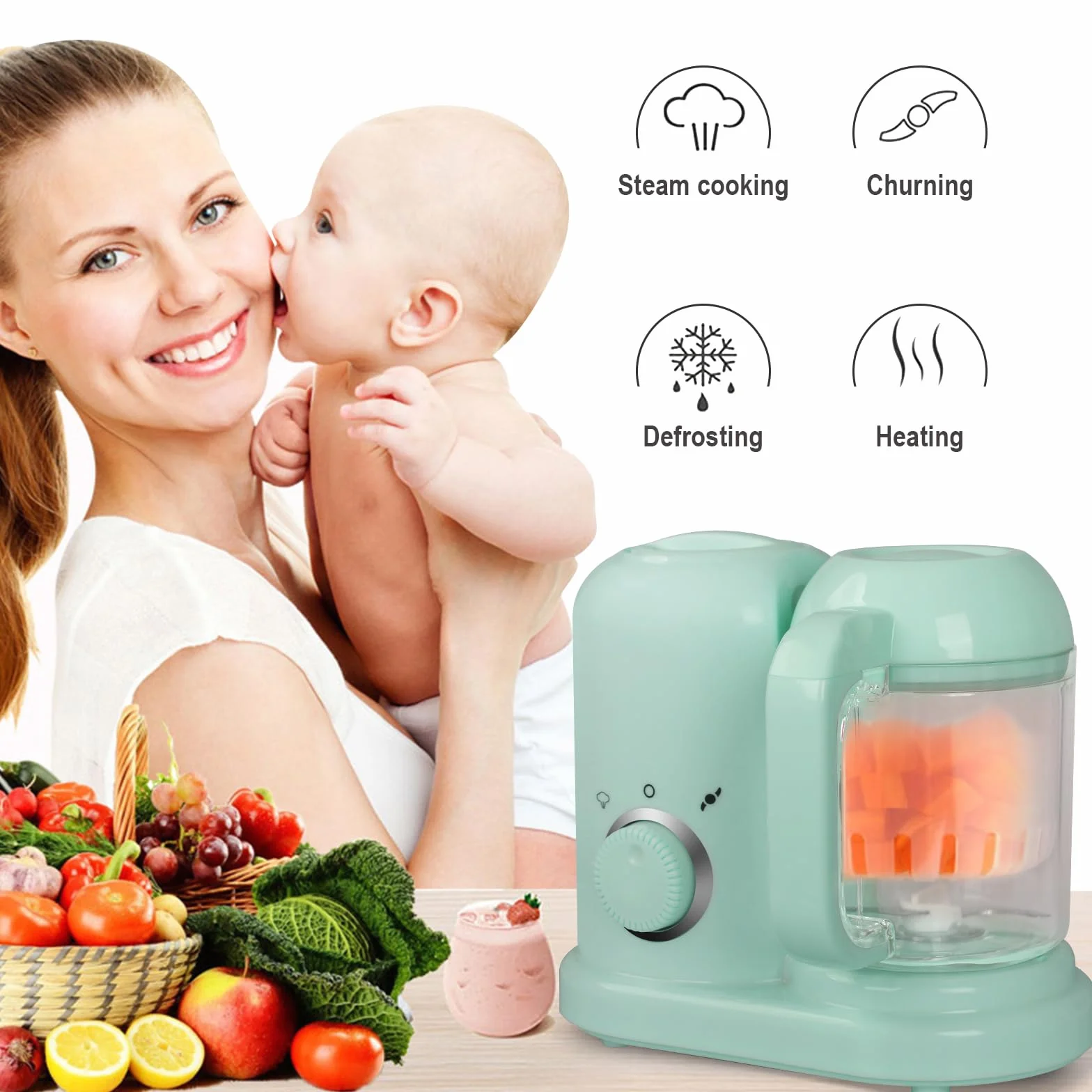 Robot multifunzione 4 in 1 per alimenti bambini, vaporizzatore, frullatore, scongelatore, riscaldatore (Verde)