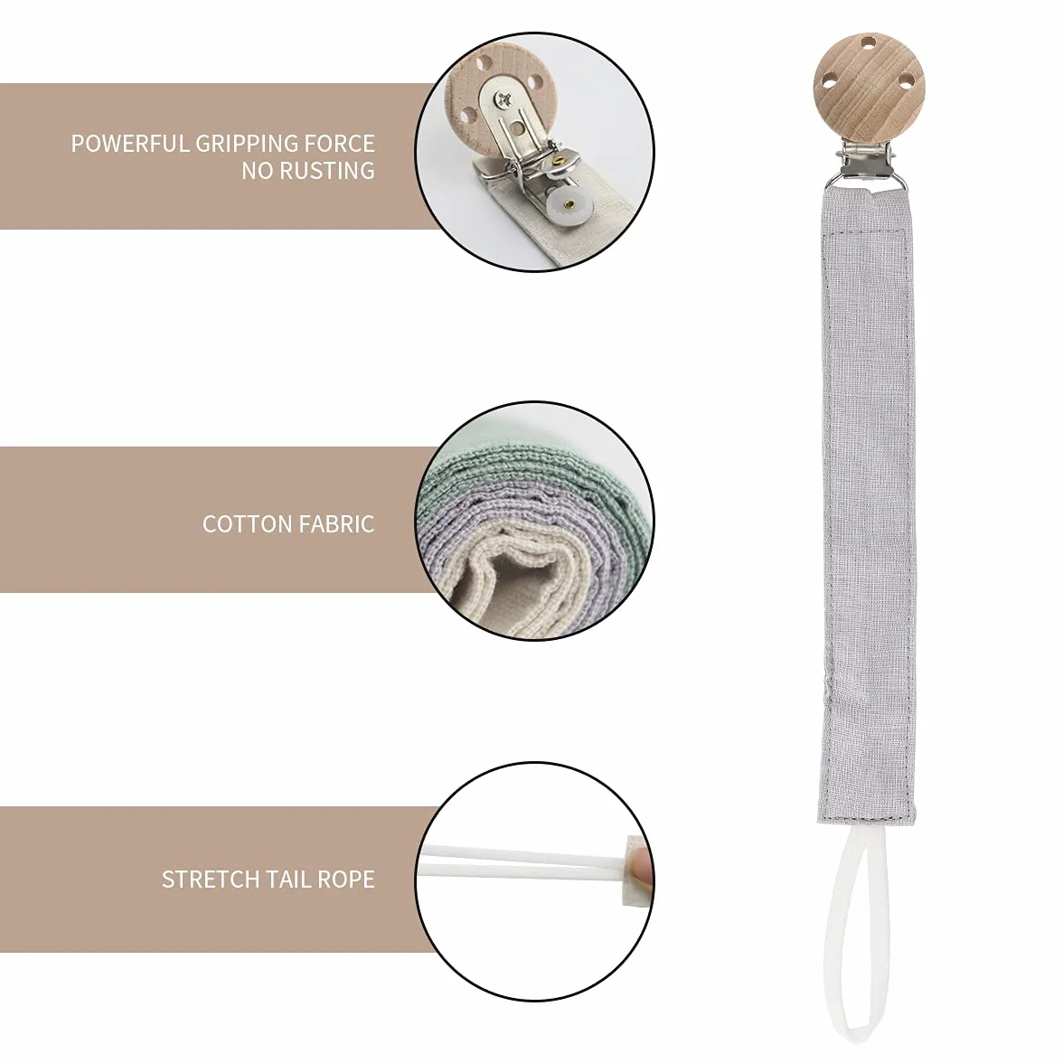 RUBY Catenella in Tessuto Porta Ciuccio Neonato Cotone Clip Legno Faggio Naturale Set Catenina Verde