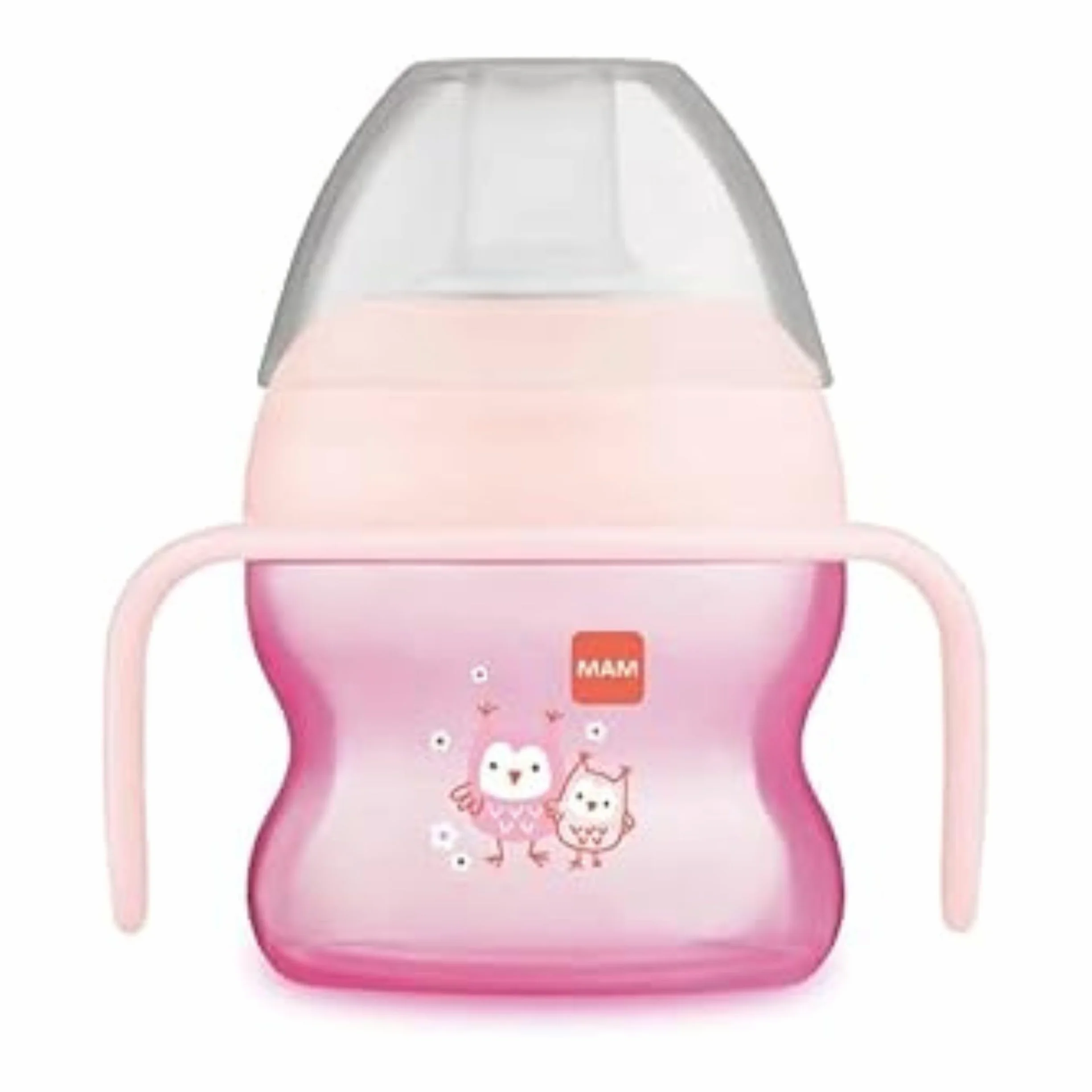 MAM Starter Cup Tazza bambini 150 ml Biberon acqua latte neonati 4+ mesi morbido beccuccio anti-goccia Borraccia neonato forma arrotondata manici antiscivolo Rosa