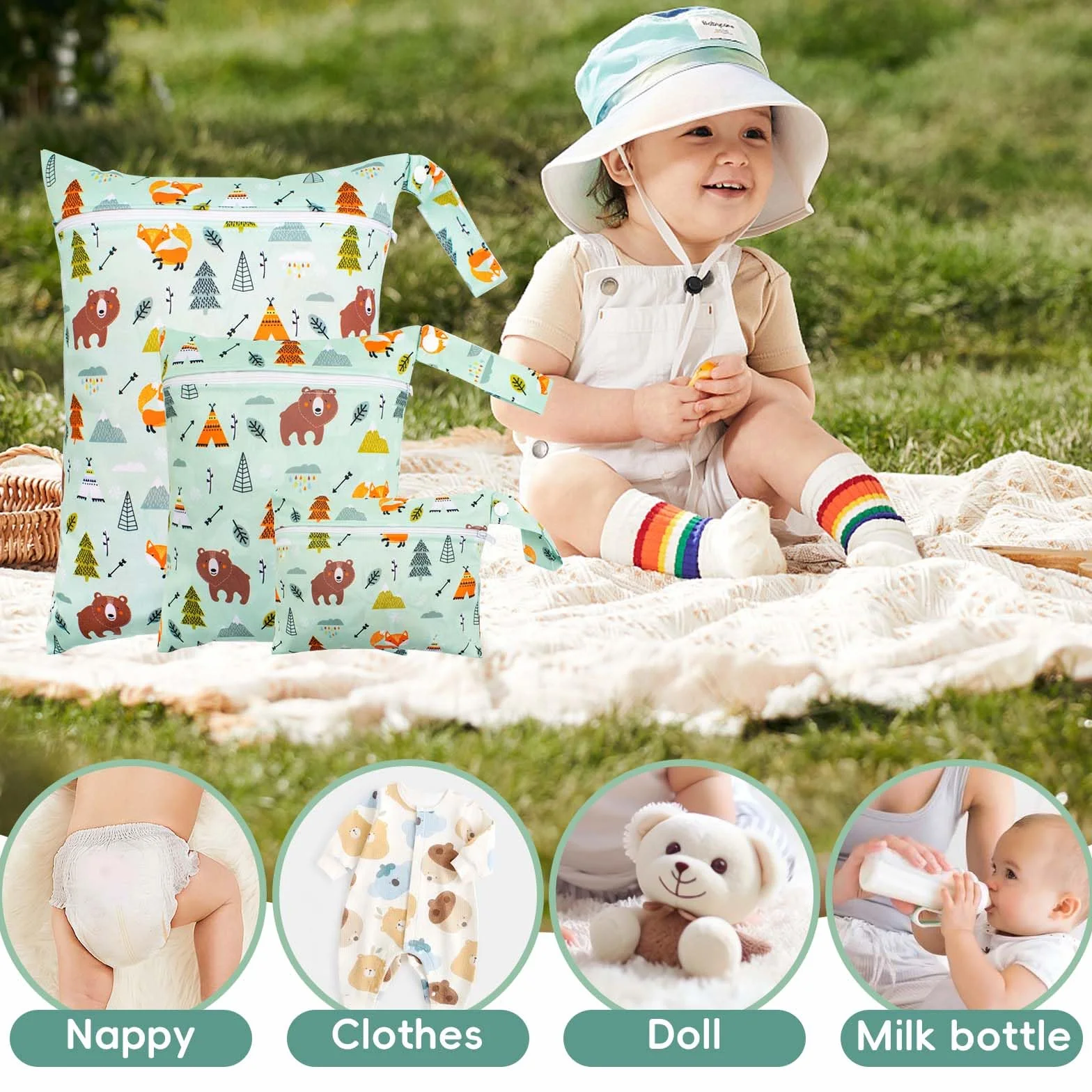 Wetbag Pannolini Riutilizzabili 3 Pezzi Borsa Stoffa Lavabile con Cerniera Verde