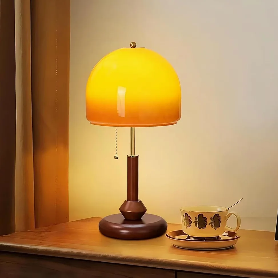 Lampada da Tavolo Fungo Arancione Dimmerabile con Telecomando, Paralume in Legno e Vetro Lampadina Fungo con Spina e Interruttore a Cavo Lampada da Comodino Decorativa a Forma di Fungo