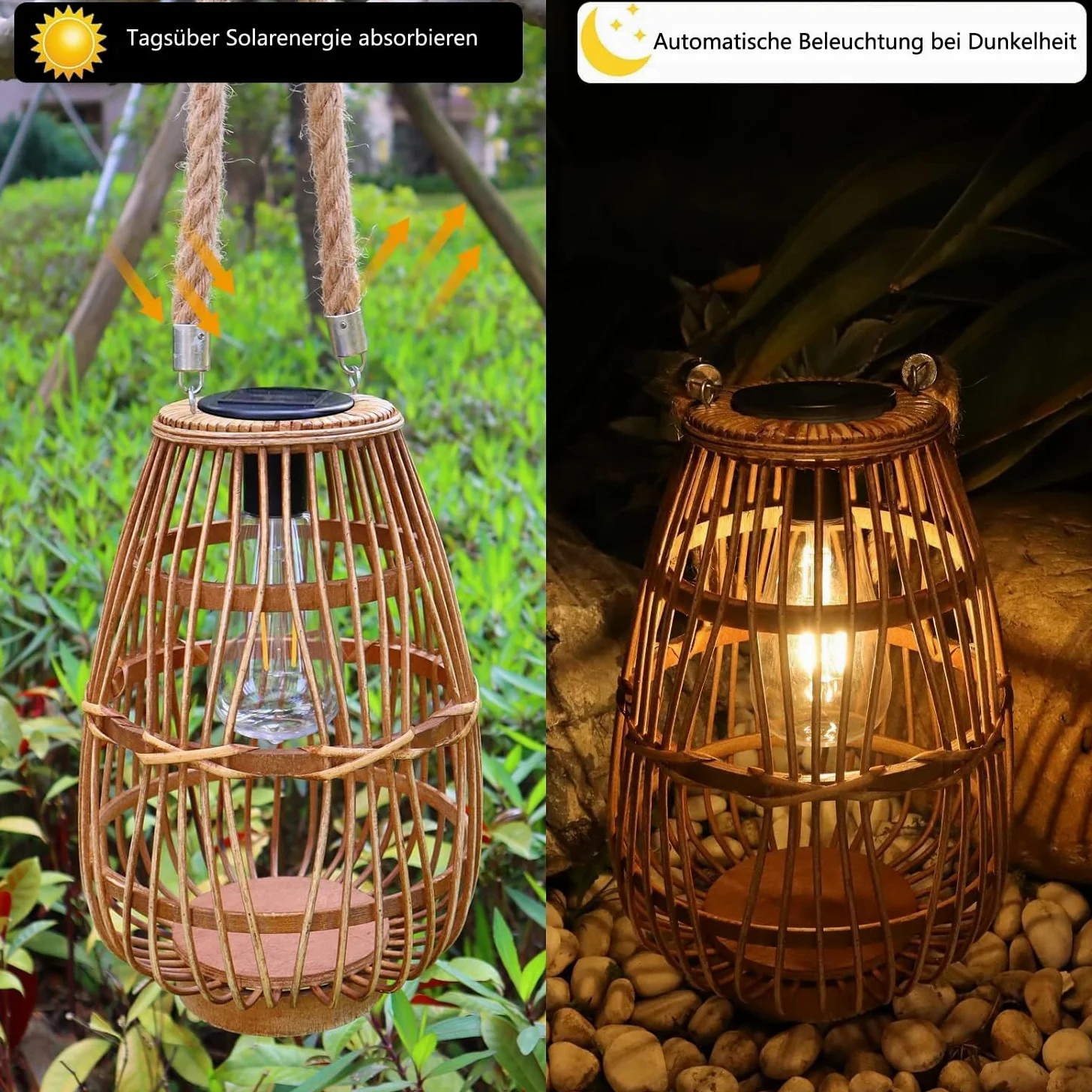 Lampade solari per esterni, da appendere, in rattan, impermeabile