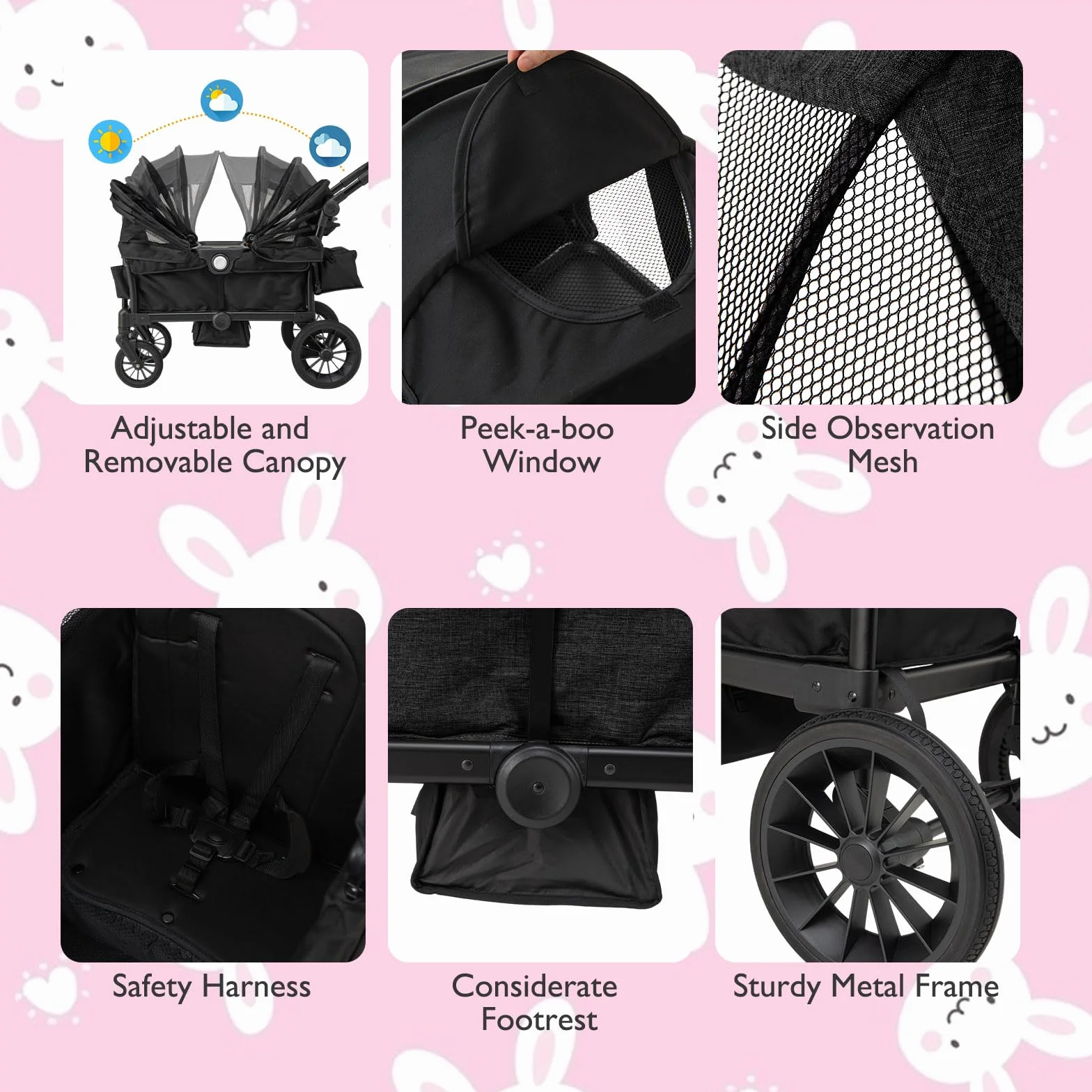 LIFEZEAL Carrello Porta 2 Bambini 6+ Mesi Pieghevole Regolabile con Tettuccio Max 50kg Nero