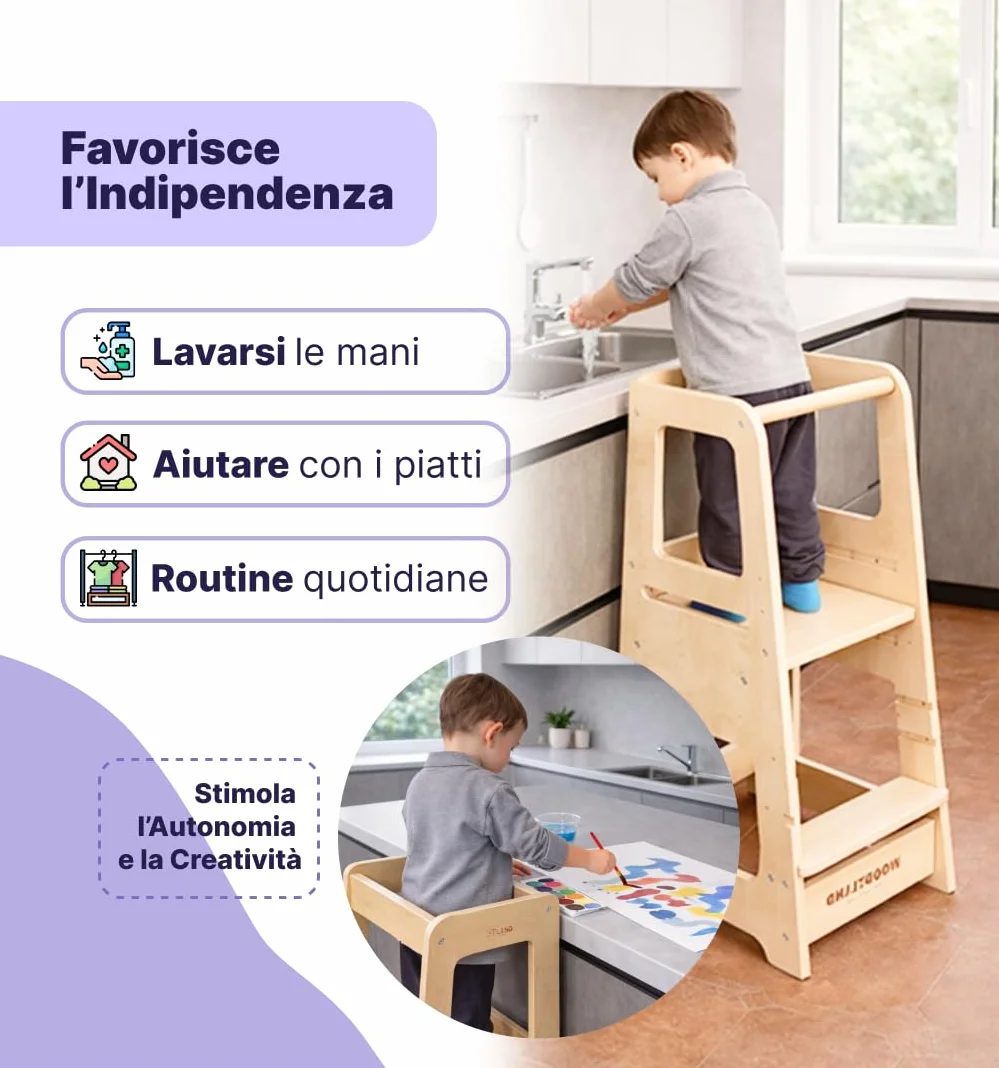 WOODYLAND Torre montessoriana Live, Scala bambini regolabile in altezza, Legno vero 40x39,5x90 cm