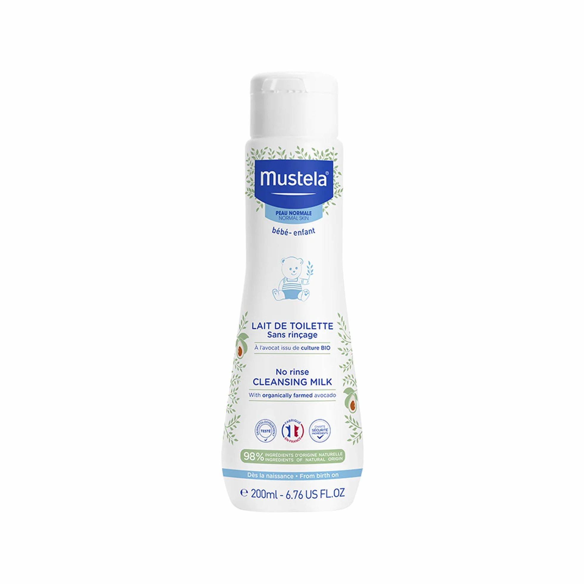 Mustella Latte detergente viso corpo cambio pannolino 200ml - Detergente corpo per bambini famiglia - Formula senza risciacquo 98% ingredienti naturali