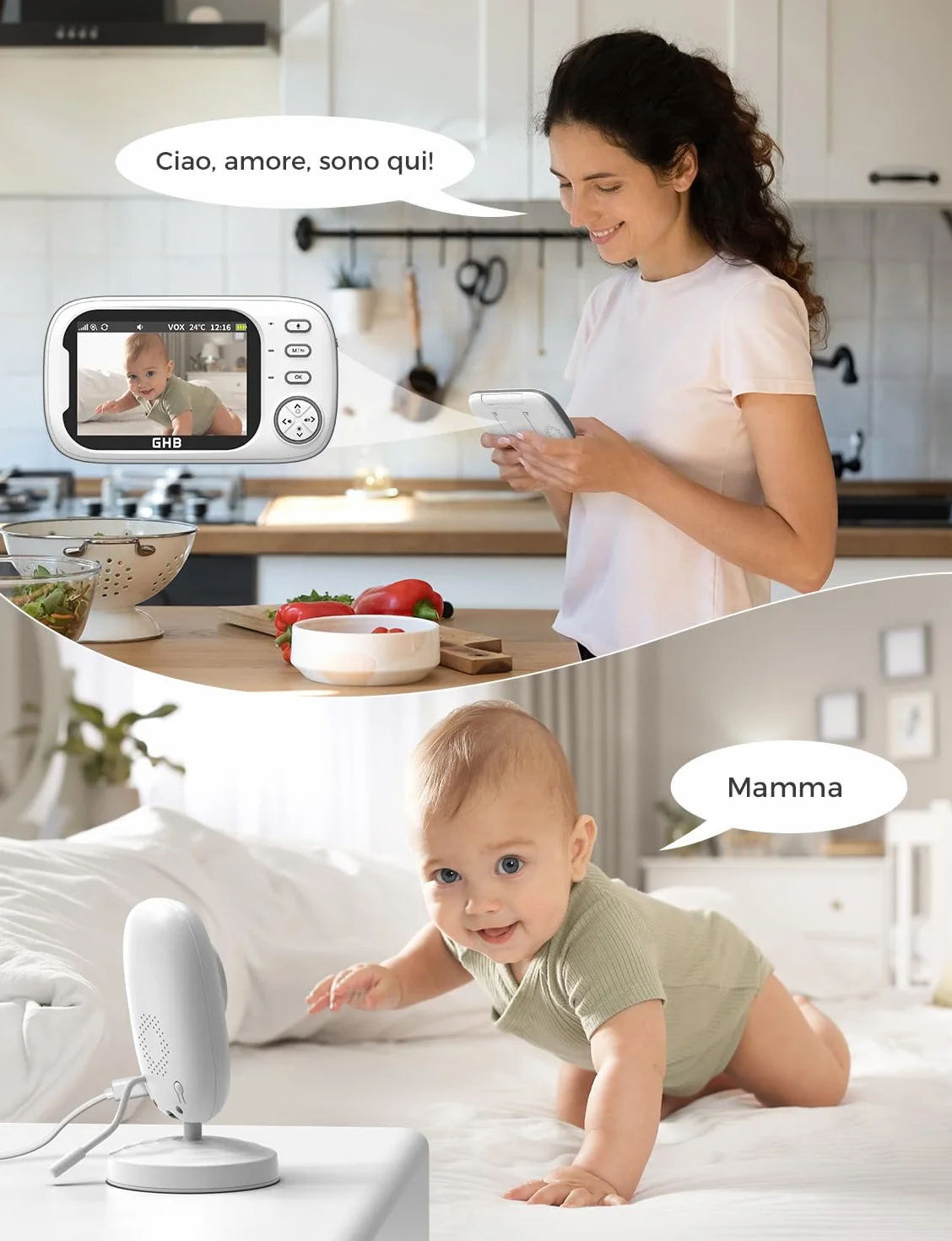 GHB Baby Monitor 3.5'' 720HD Kamera z Audio, 2000mAh, Komunikacja Dwukierunkowa, VOX, Nocne Widzenie, Monitorowanie Temperatury