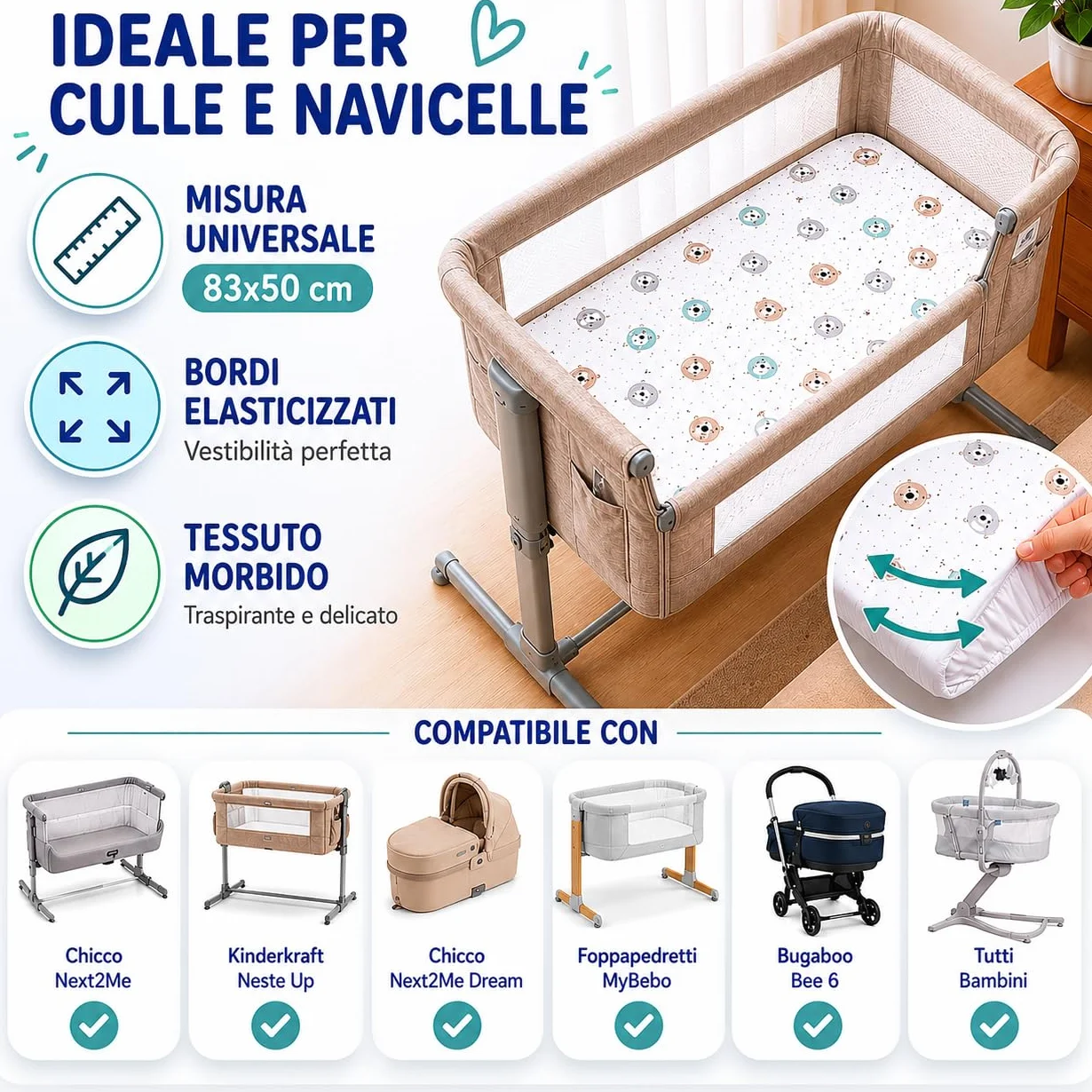 FlyIdeas Set 2 Lenzuola per Next to Me 50x83 cm 100% Cotone Coprimaterasso Impermeabile Made in Italy