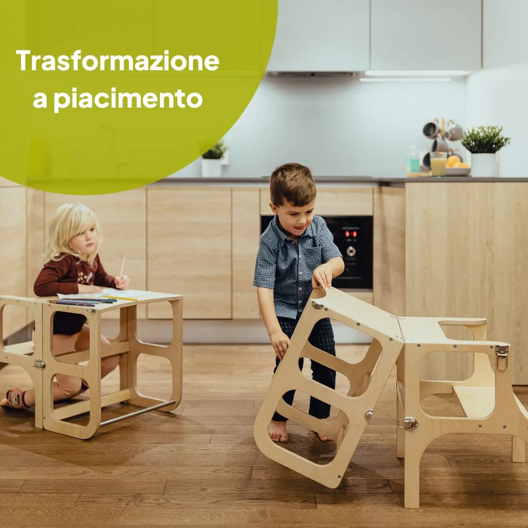 Ette Tete STEP’n’SIT® Torre Apprendimento Montessoriana Convertibile 2 in 1 Legno Cerniere Ottone