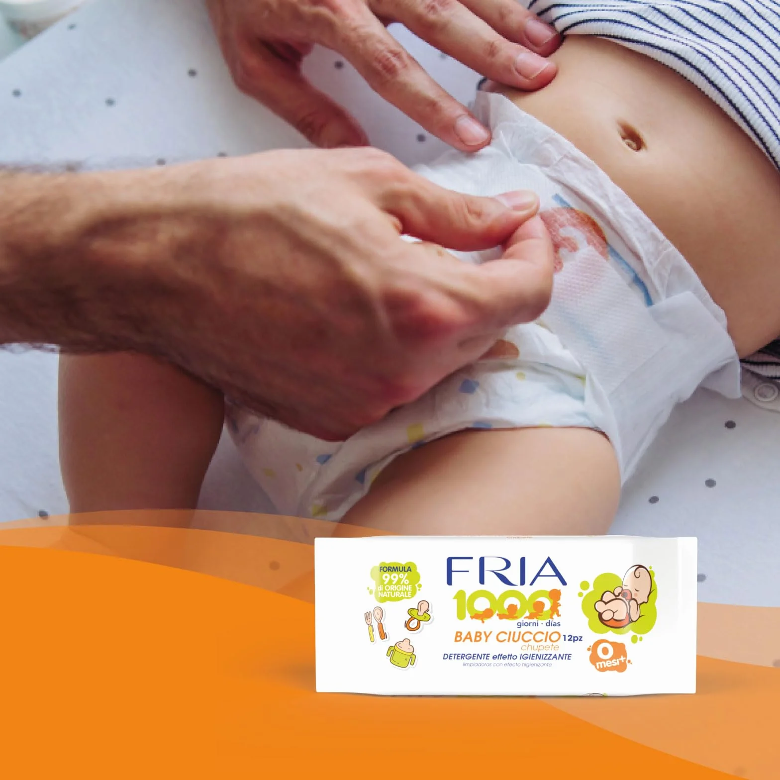 Fria Baby Ciuccio Salviette Pulisci Ciuccio Biberon Tettarelle Azione Igienizzante 99% Origine Naturale Confezione Borsa 12 Salviette