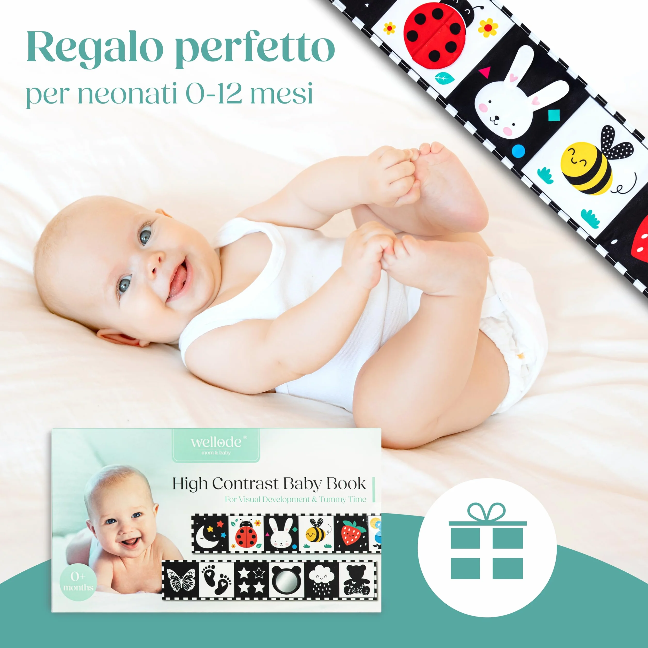 Libro Sensoriale Neonati con Specchio Teddy - Libro Bianco e Nero Stoffa Montessori, Ultra Morbido Lavabile per Sviluppo Visivo 0-12 Mesi