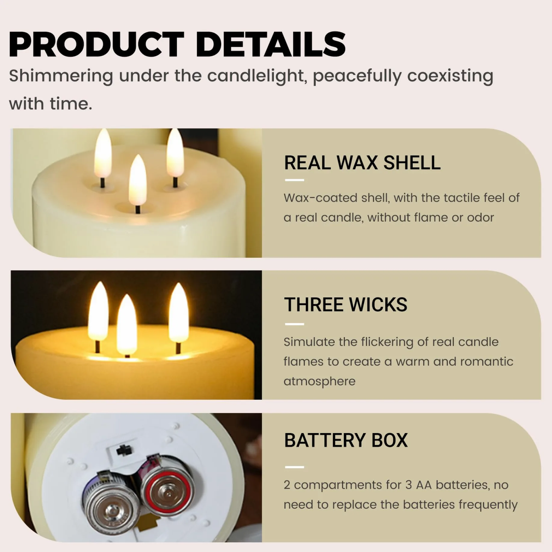 Candele a batteria, 2 candele tremolanti a 3 stoppini, 10 cm/4 pollici | Candele senza fiamma con telecomando e timer per Natale, matrimoni, feste, espositori da tavolo ed eventi festivi.