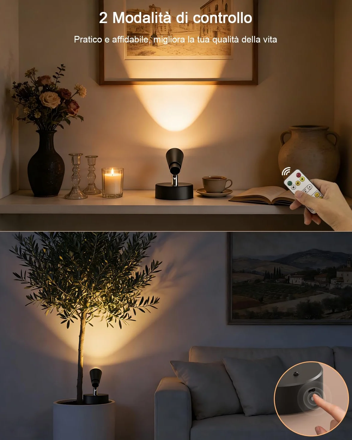 Faretto LED Interno Senza Fili con Ricaricabile Batteria da 5000mAh, 2 Pezzi Faretti da Parete con Dimmerabile & 3 Temperature Colore per Letto Tocco & Telecomando